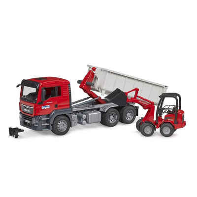 Bruder® Spielzeug-Baumaschine 03767 MAN TGS LKW, (Set, 3-tlg., LKW mit Abrollcontainer + Schäffer Hoflader 2630), Baufahrzeug, rot
