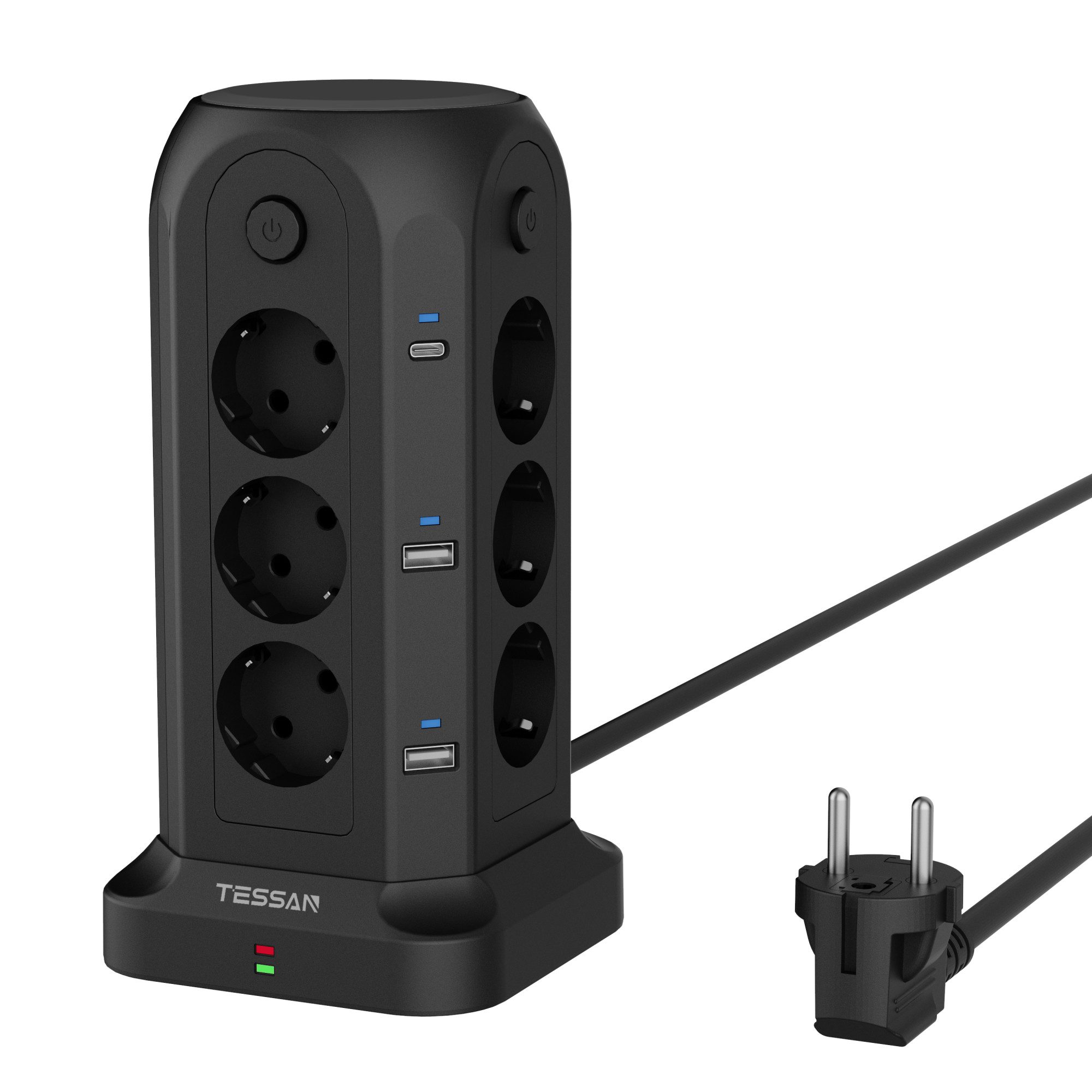TESSAN 12 Fach Mehrfachsteckdose mit 3 USB(2 USB-A/1 USB-C) Kabel 2/5m Mehrfachsteckdose (USB-Anschlusse, Ein-/Ausschalter, Kabellänge 2 m)
