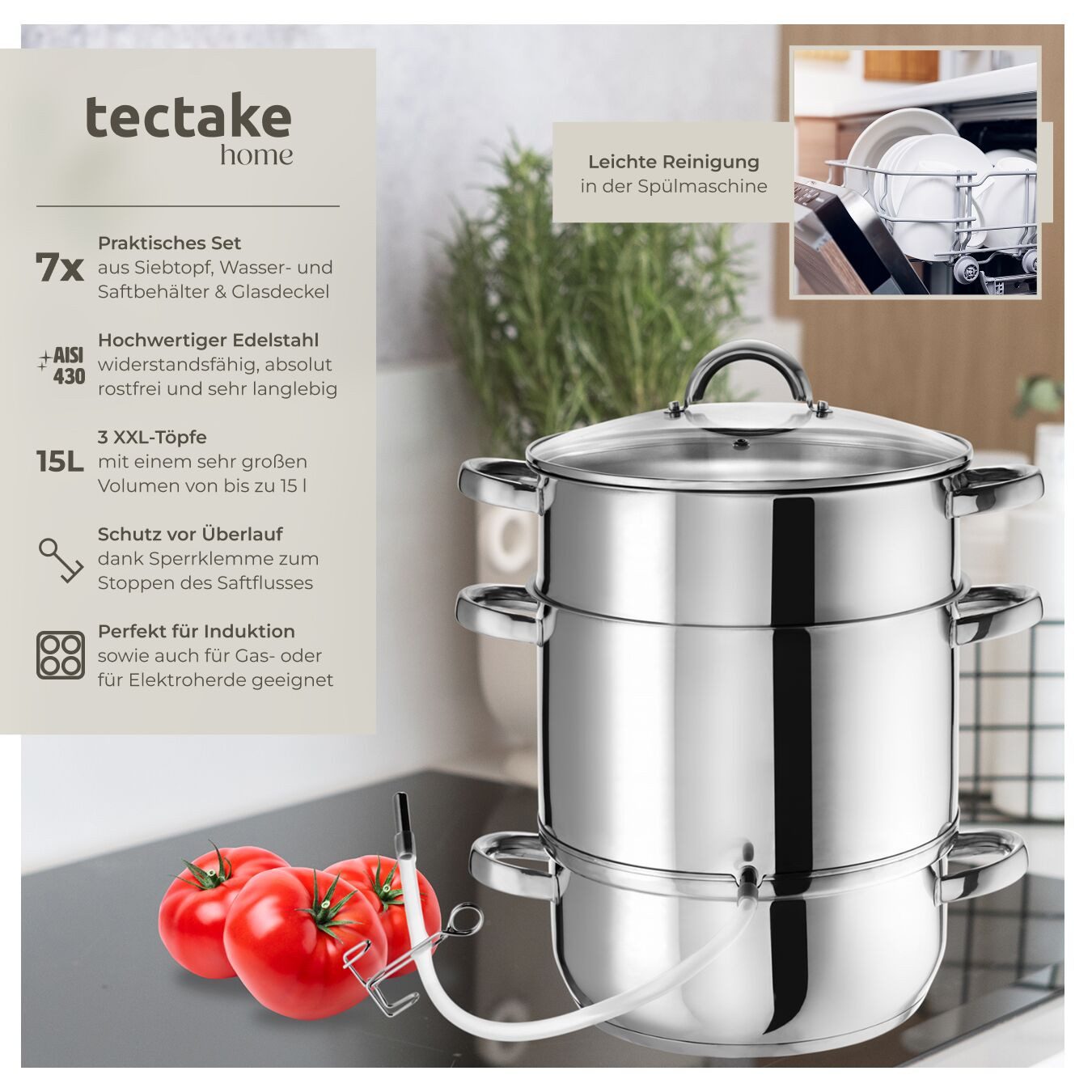 tectake Entsafter 7-tlg. Dampf-Saftbereiter Ø 26 cm aus Edelstahl, mit Glasdeckel, 0 W, 15 Liter, für Obst und Gemüse, induktionsgeeignet, spülmaschinenfest – Bild 2 von 5