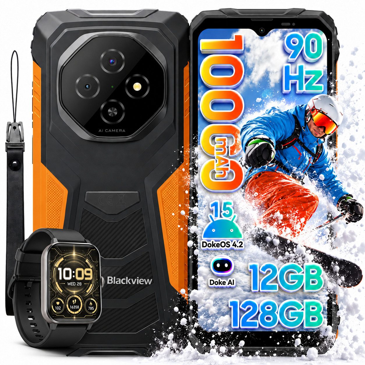 blackview FORT Android 15, 10000mAh, AI Inkl. R50 Outdoor Smartphone (128 GB Speicherplatz, 10000mAh, 6.56”, 90Hz, fingerprint, NFC)