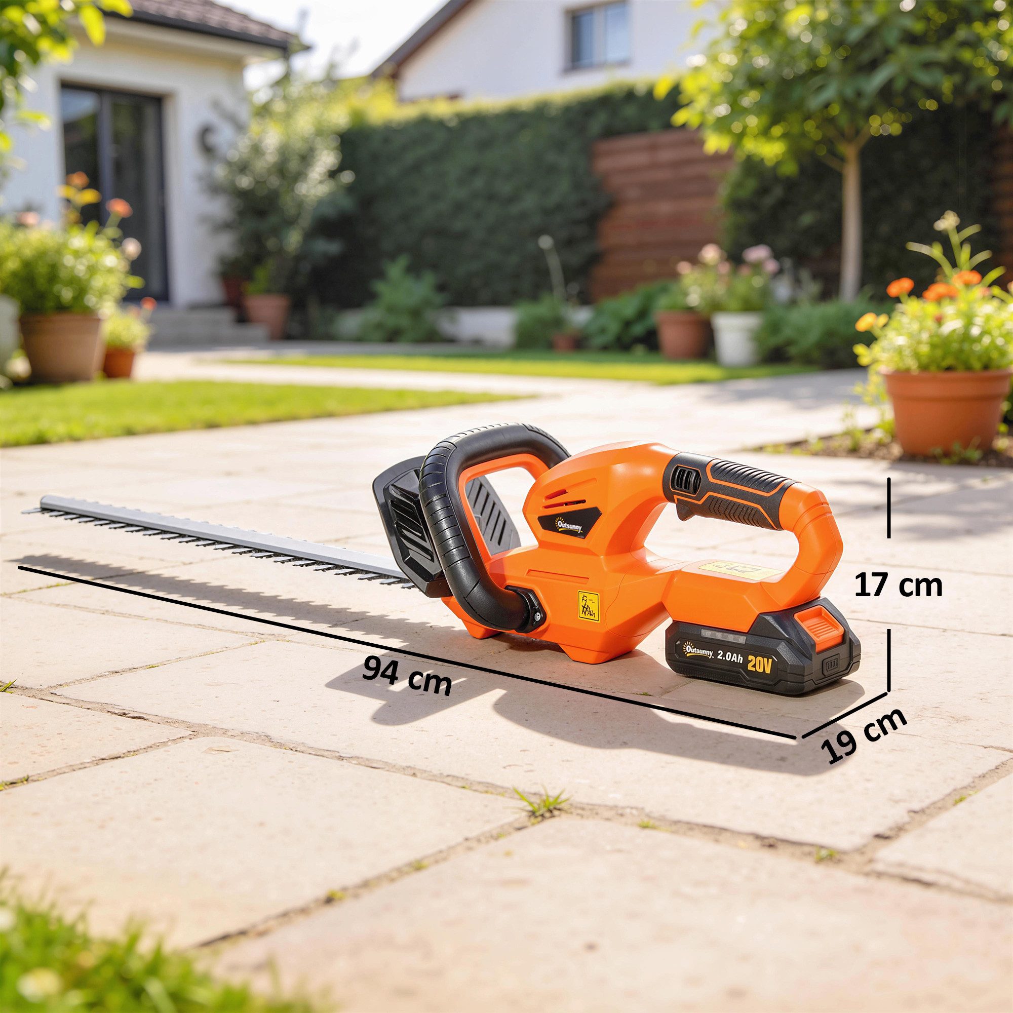 Outsunny Elektro-Heckenschere Akku Heckenschneider mit 100 W Motorleistung Kabellos, bis 0 m Arbeitshöhe, (Elektrischer Heckenschneider, 5 St., Akku Heckenschere), ABS 94 x 19 x 17 cm Orange