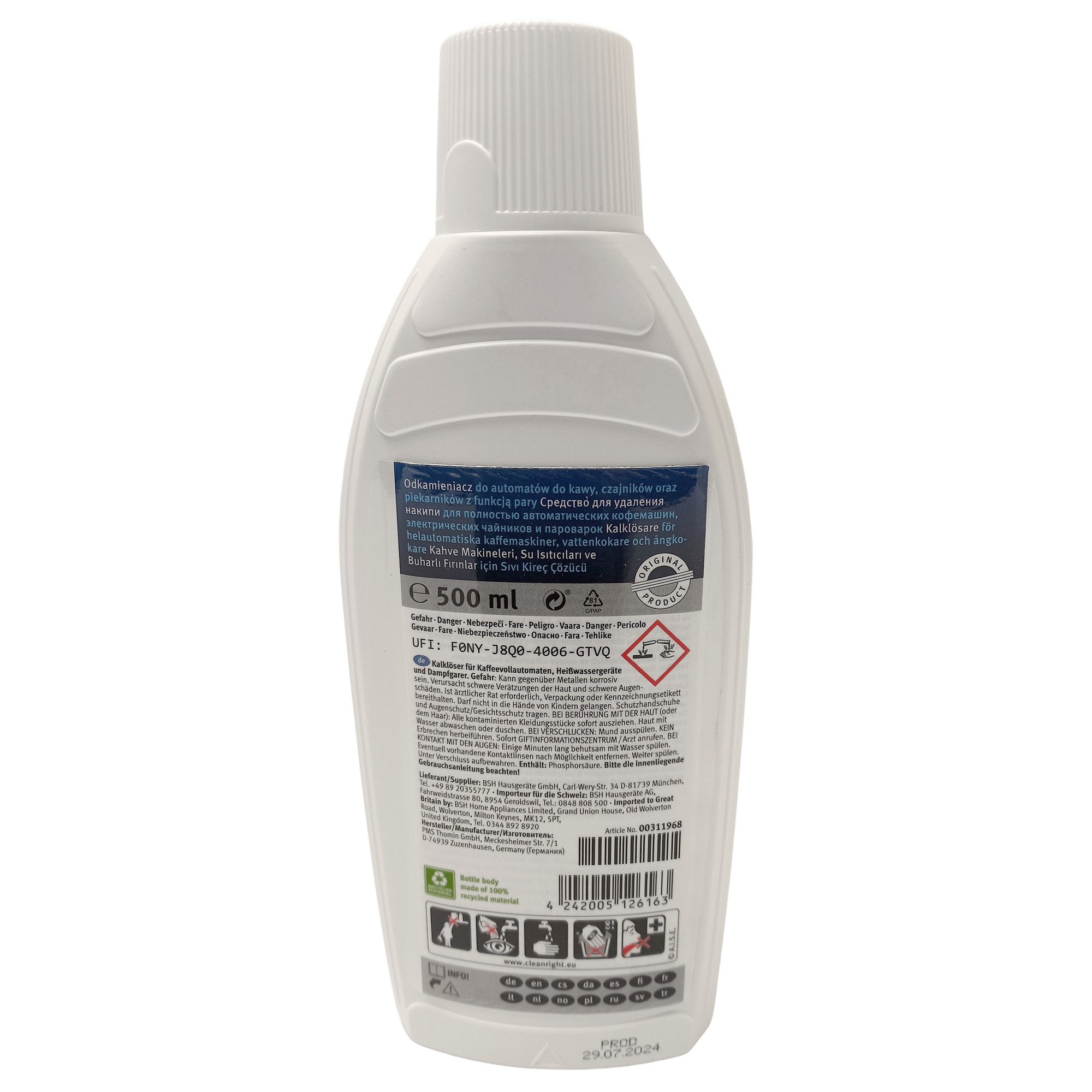 BOSCH Entkalker 500 ml 00311968 Flüssigentkalker (für Kaffeemaschine Wasserkocher Dampfgarer)