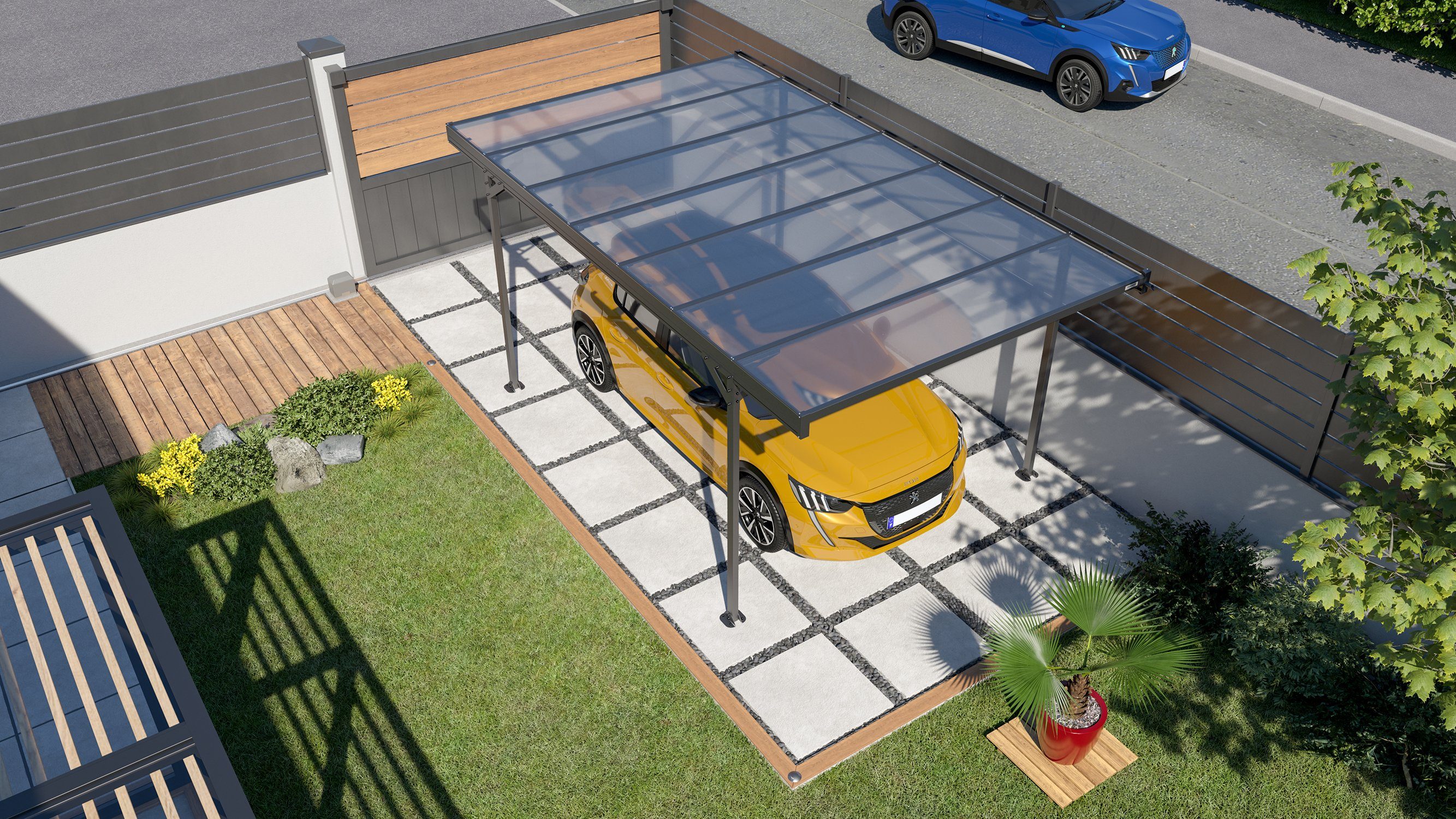 Trigano Einzelcarport Carport Mistral 2,17 aus Dachrinnen aus 14.8 getöntem Einfahrtshöhe, cm geneigtes Aluminium, m2, Polycarbonat, mit Einseitig Dach