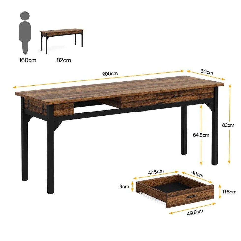 Celya Schreibtisch 200 cm Zwei-Personen Computertisch mit 2 Schubladen (mit zwei Haken, robusten Metallrahmen, verstellbaren Fußstützen) – Bild 2 von 5