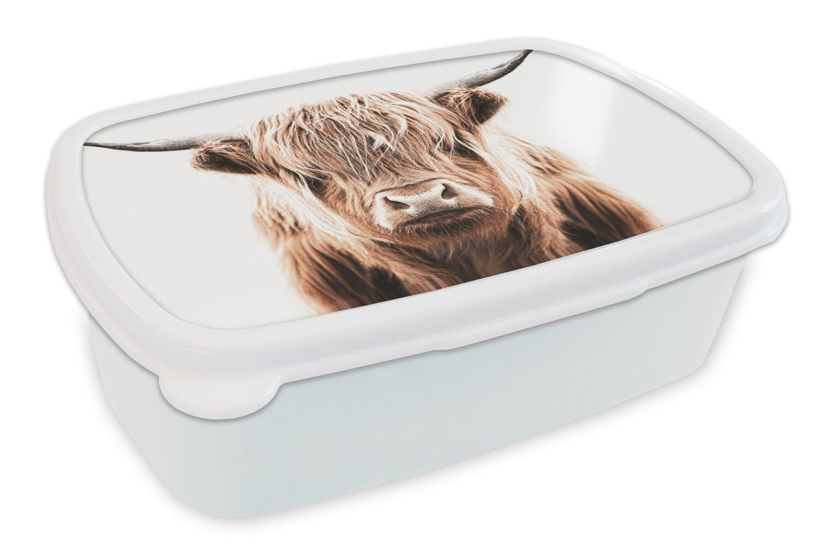 MuchoWow Lunchbox Schottischer Highlander - und Brotdose, Jungs und Stier, Erwachsene, für Kuh - weiß Mädchen Kunststoff, (2-tlg), für Brotbox Kinder