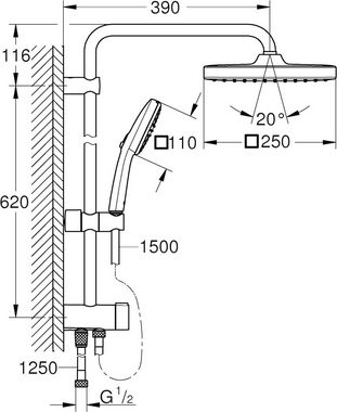 Grohe Duschsystem Vitalio Comfort 250 - Flex, langlebig eckig, 2 Strahlart(en), mit Umstellung (wassersparend, 2 Strahlarten, flexible Installation