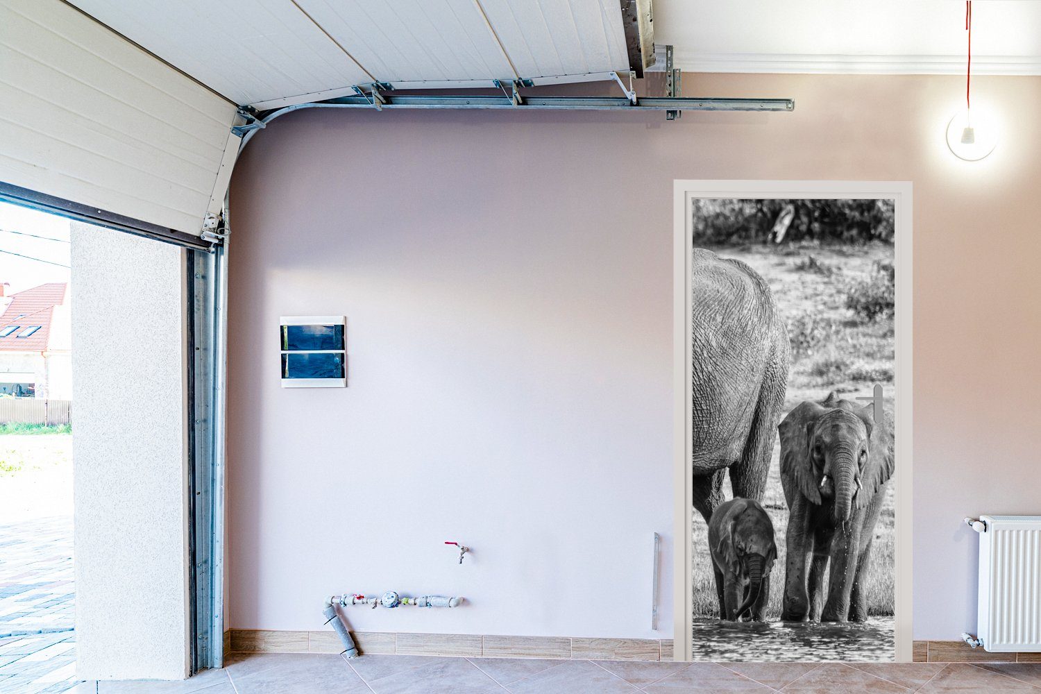 - Schwarz MuchoWow Weiß, St), cm bedruckt, 75x205 Türtapete Türaufkleber, - Elefant - - (1 Tiere Matt, Tür, Fototapete Wasser für