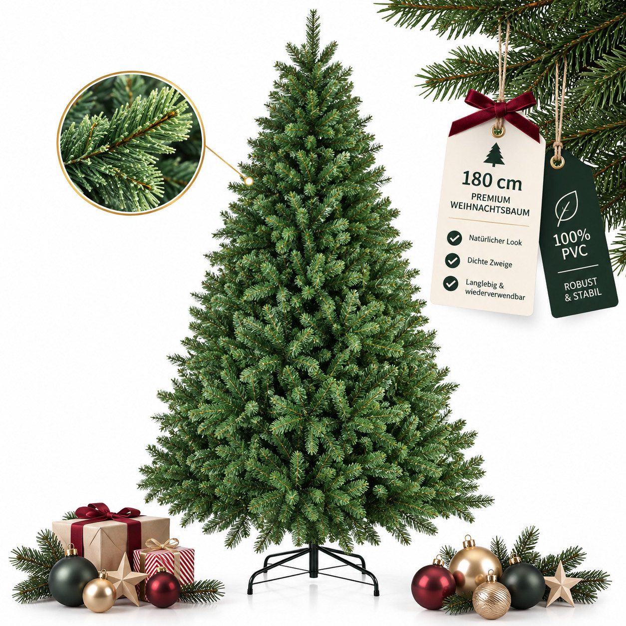PHILODECO Künstlicher Weihnachtsbaum 180cm, 800+ Zweigspitzen, PVC flammhemmend & geruchlos