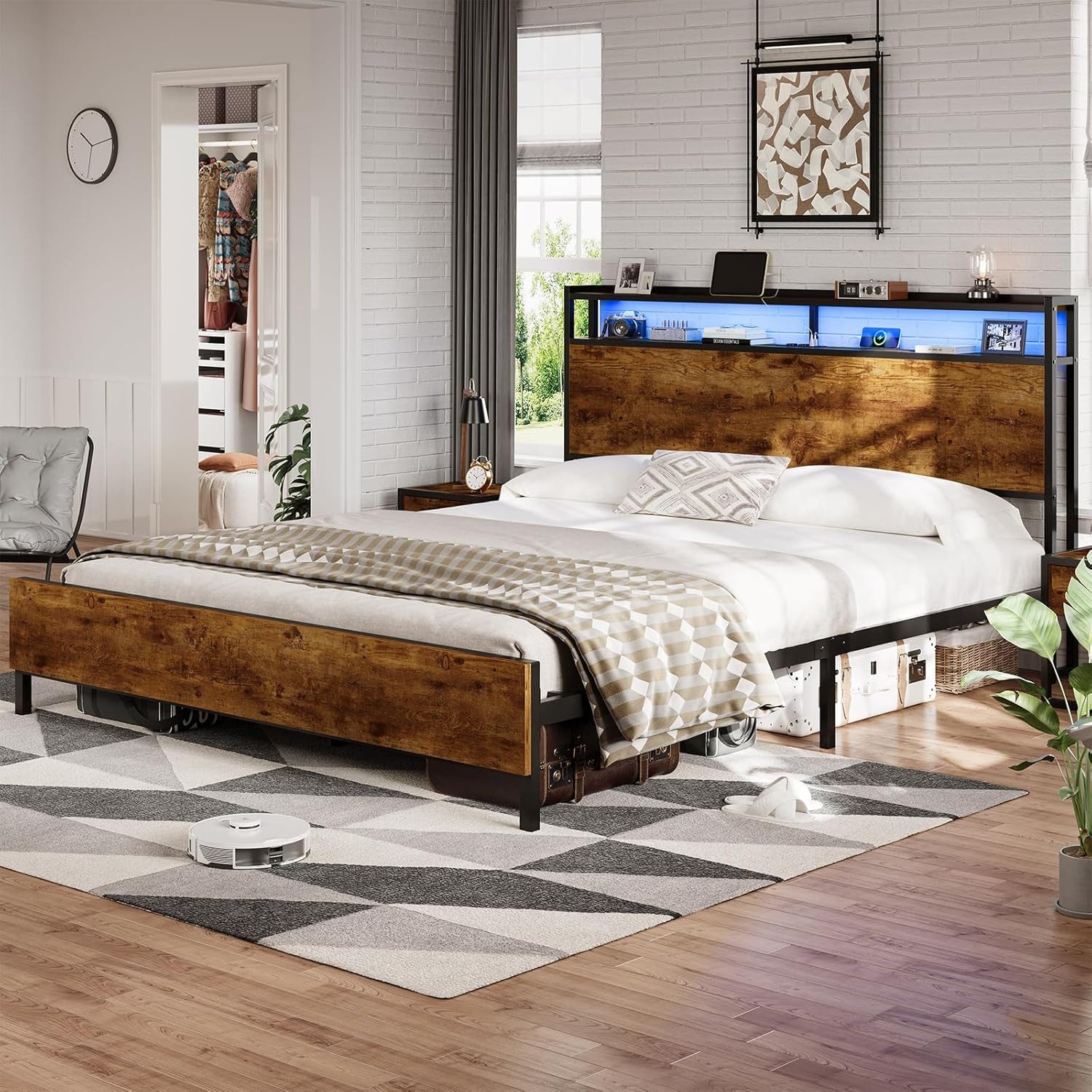 MSMASK Bett mit LED Beleuchtung, Steckdose & USB-Ladefunktion sowie Stauraum (Ohne Matratze), 160x200cm Doppelbett in Braun mit Holzkopfteil
