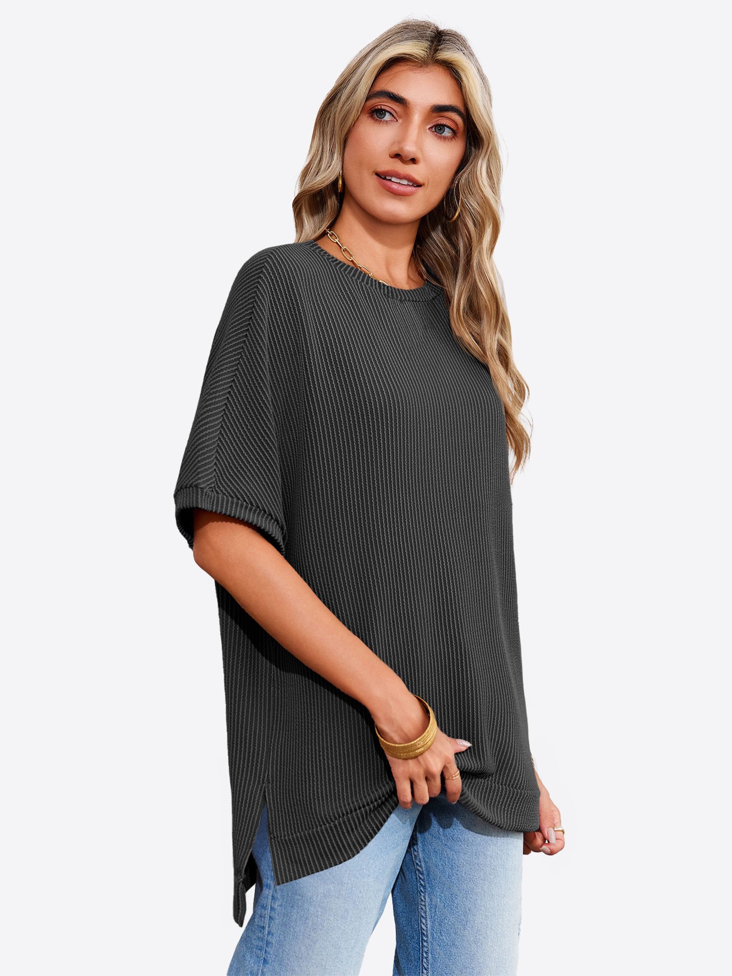 Imily Bela T-Shirt Damen Oversized Fledermausärmel Top Gerippt Loose (Packung, 1-tlg., 1per-Pack) Halbarm Stricken in Unifarbe – Bild 4 von 5