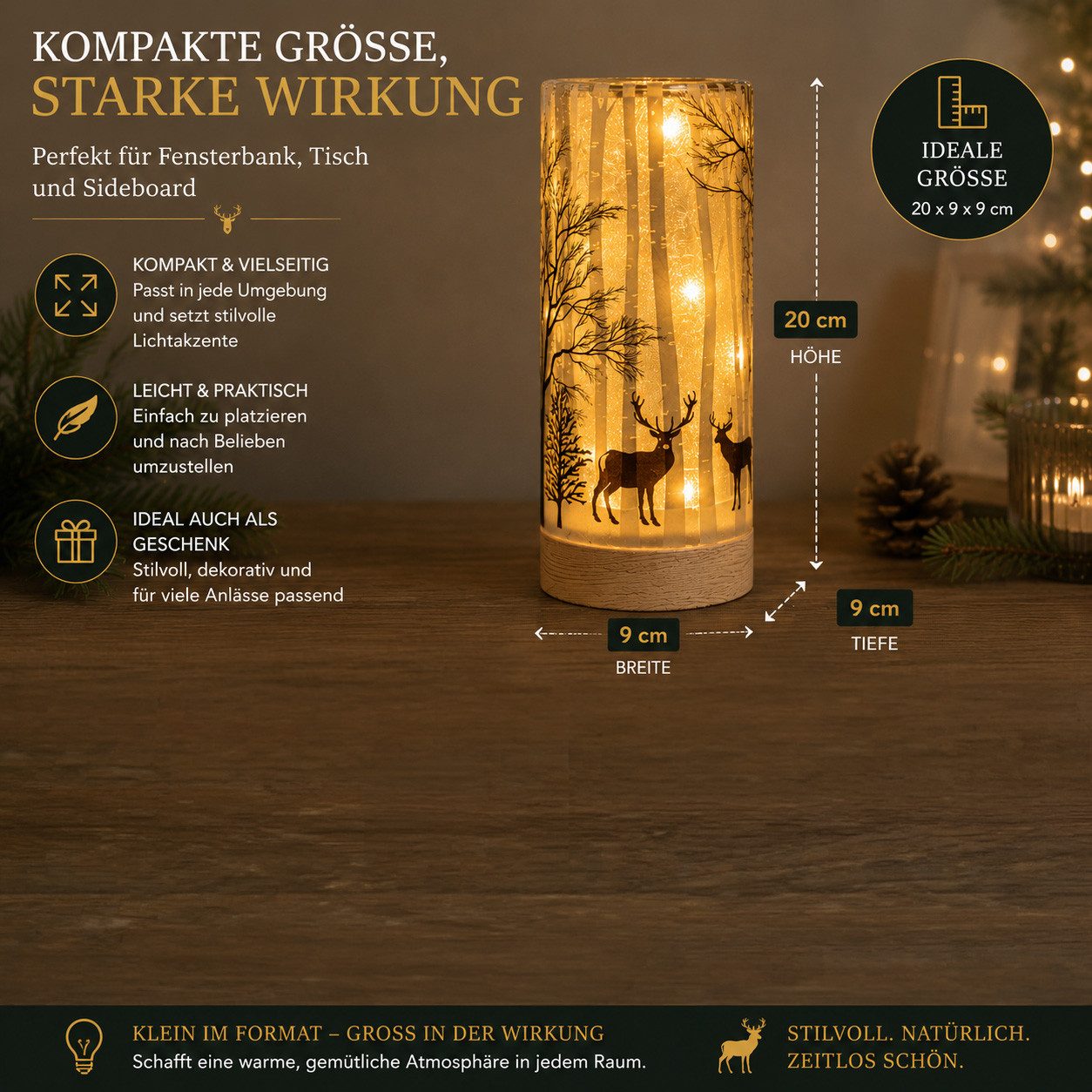 formano LED Dekolicht LED Deko Licht Hirschdeko Leuchtglas mit Holzsockel 15 cm Timer 6/18h, LED fest integriert – Bild 4 von 5