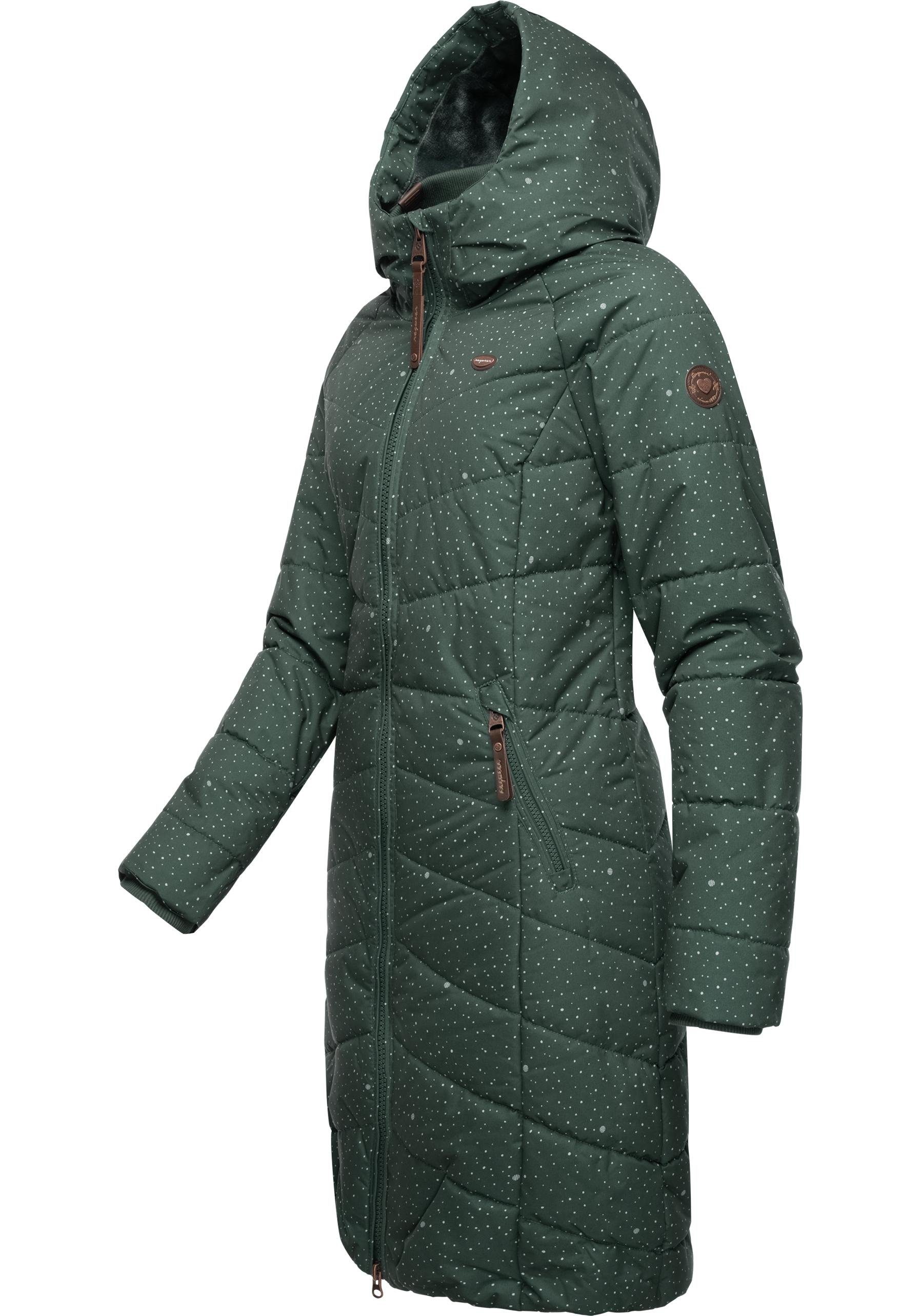 Dizzie Winterparka mit Ragwear Print Kapuze Coat stylischer, gesteppter Steppmantel dunkelgrün