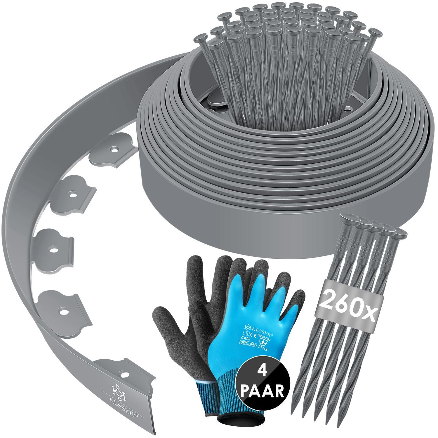 KESSER Rasenkante Flexible Beetumrandung aus Kunststoff 10/ 20/ 30/ 40/ 50m - Höhe 5cm, Mähkante Pflastersteine Palisade, Rasenkante mit Erdanker + Handschuhe Beeteinfassung Beetbegrenzung