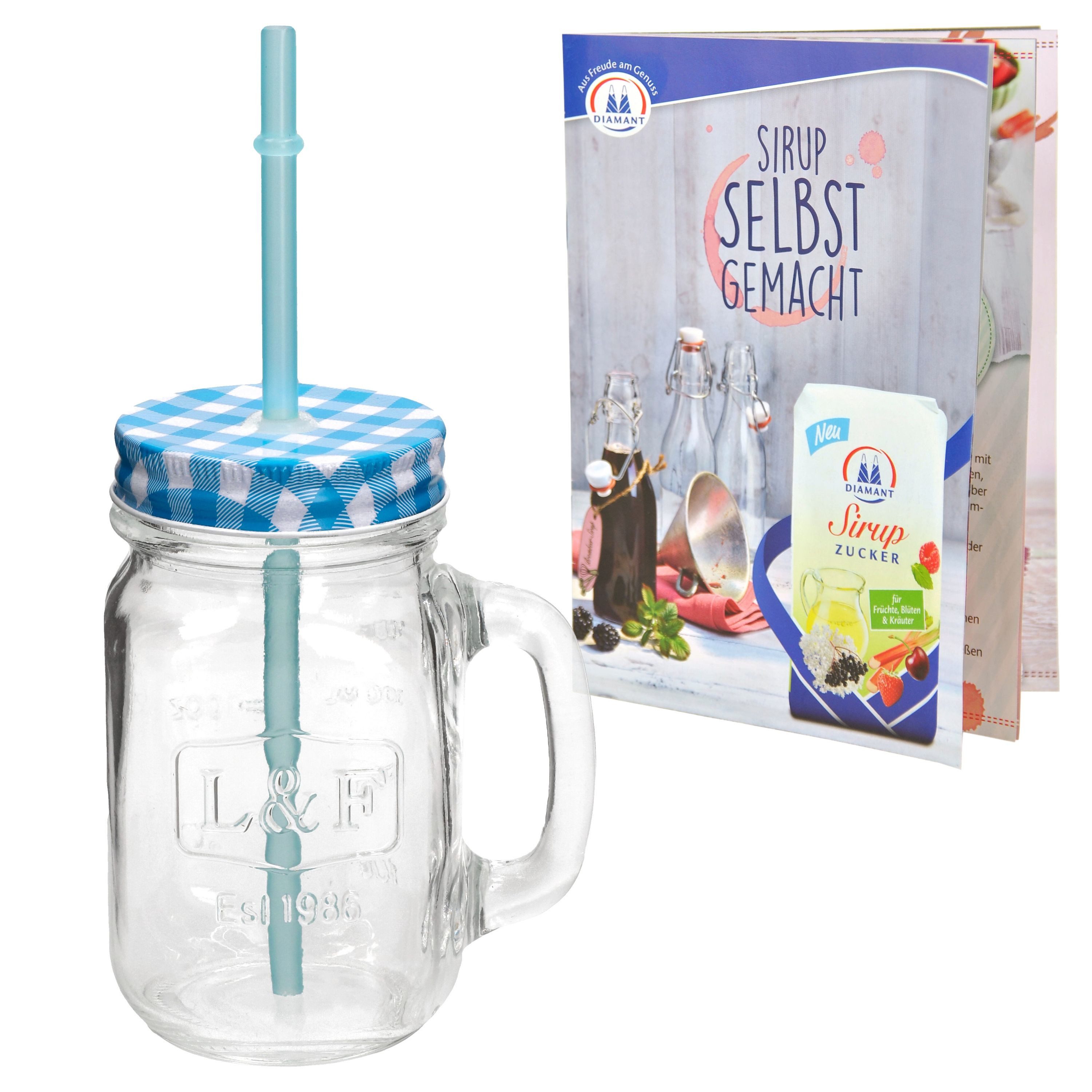 HIT Trading Glas Glasbecher mit Henkel, Deckel und Trinkhalm blau kariert 0,5 Liter, Glas