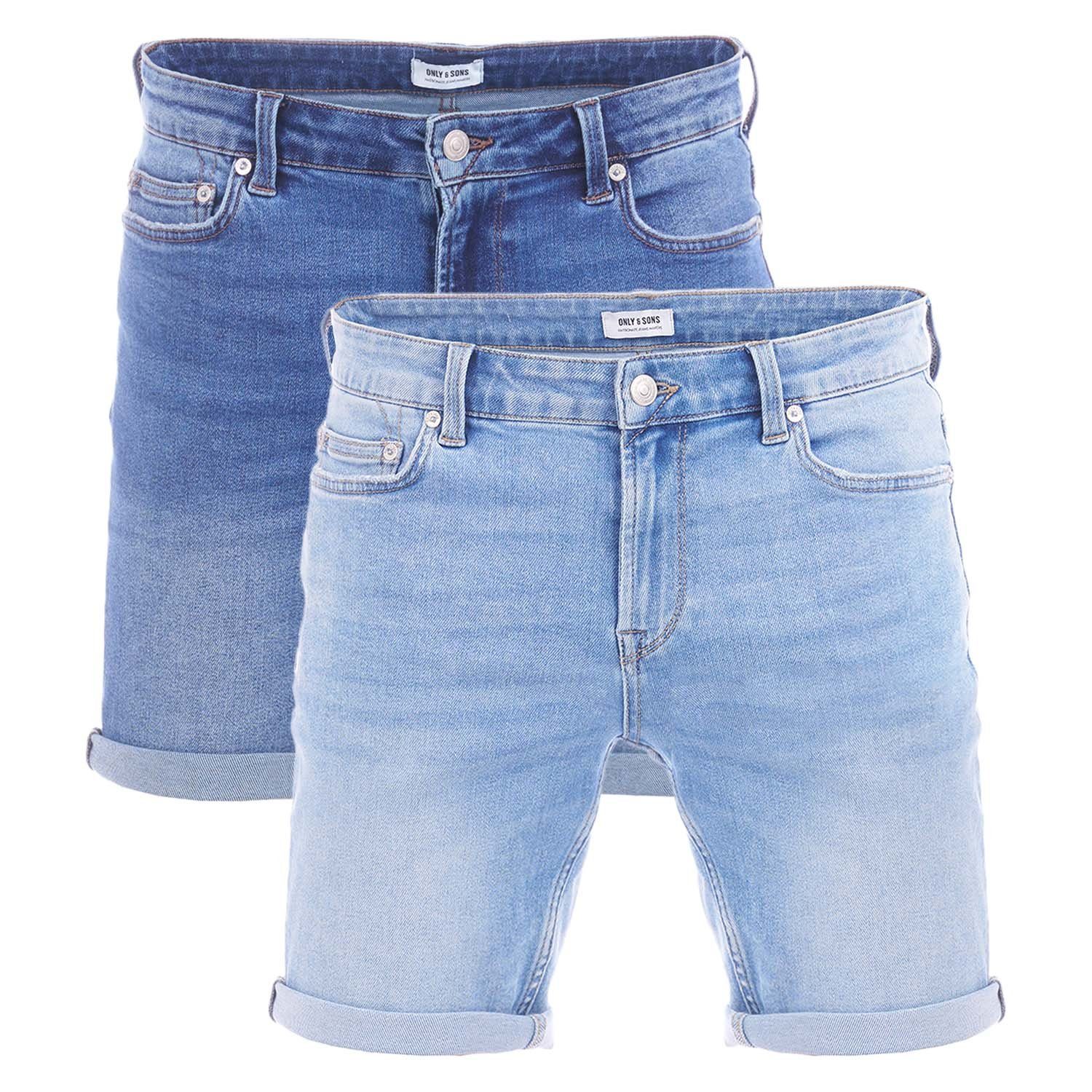 ONLY & SONS Jeansshorts Herren Shorts ONSPLY 2er Pack Regular Fit Bermudashorts mit Stretch Medium Blue / Light Blue (22029141)