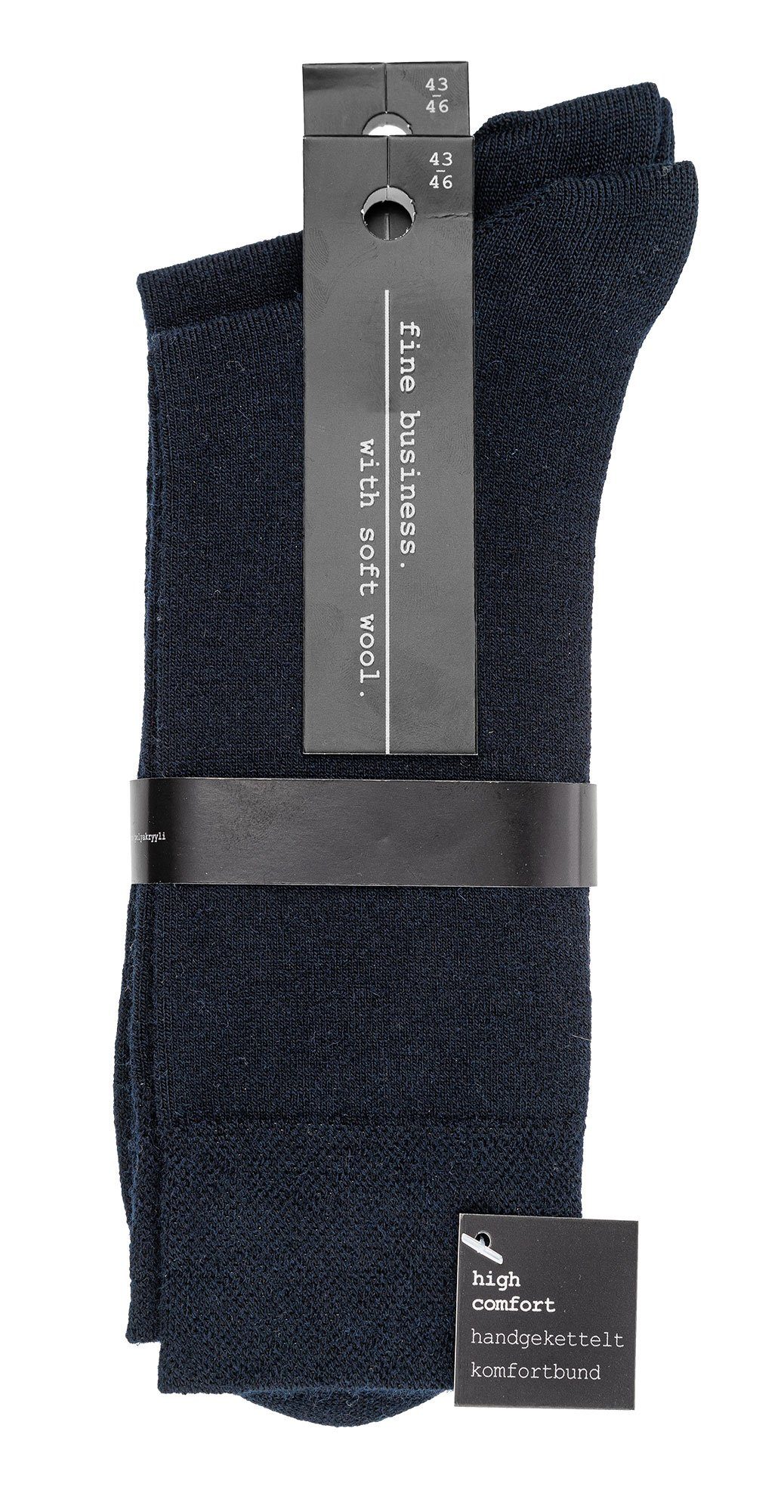 2 Businesssocken handgekettelt, Paar mit Business-Komfort-Socken Piqué-Bund Wolle, TippTexx Marine 24