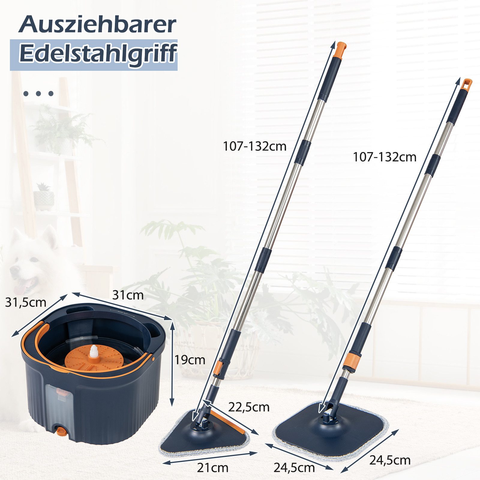 COSTWAY Wischmopp, Auswringfunktion, 360° Drehmoppkopf, 2 Mikrofaser-Pads