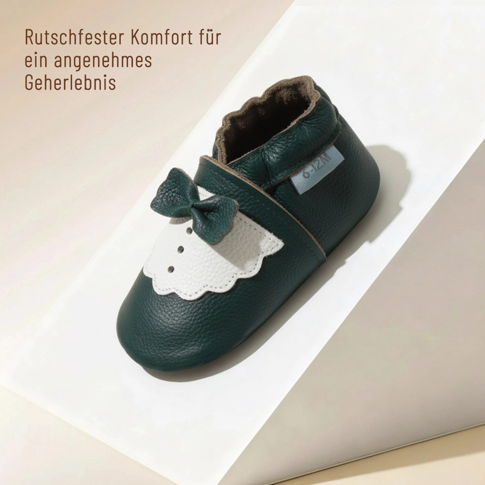 Basrakids Basrakids Lederpuschen Baby mit Fliege Grün rutschfest Lauflernschuh Handgenäht, weiche, leichte, flexible, rutschfest
