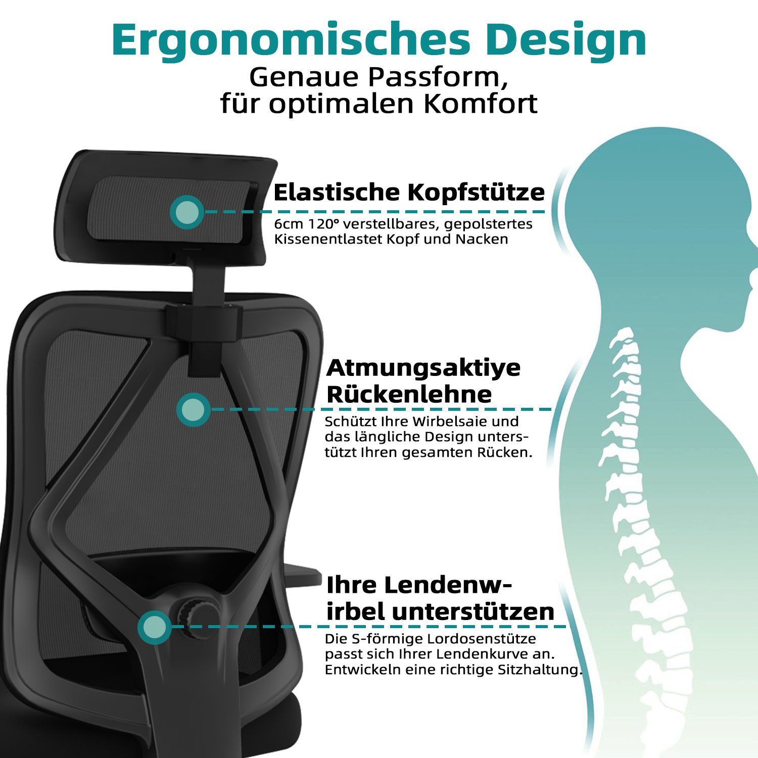 Lexzurn Bürostuhl Bürostuhl ergonomisch, Schreibtischstuhl 3D Memory-Schaum Lendenstütze (Wippfunktion bis 135°, Bis 200kg Belastar, Atmungsaktiv Mesh), Höhenverstellbarer Chefsessel Drehstuhl