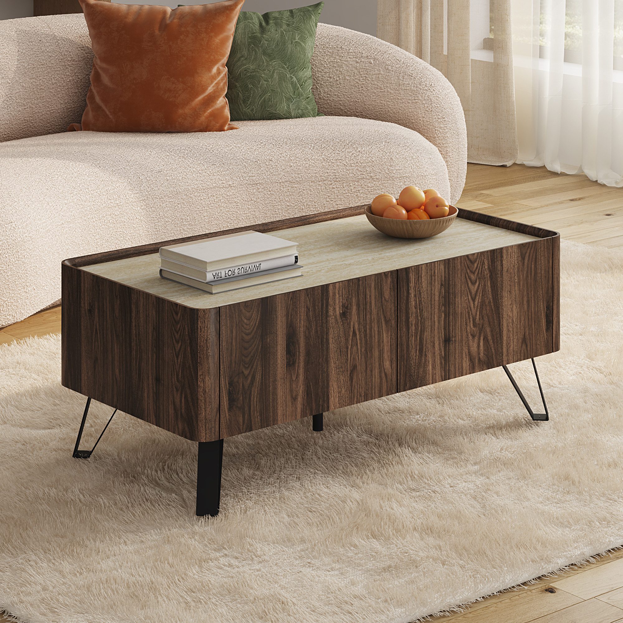 en.casa Couchtisch (Trorlon - [en.casa], Trorlon - [en.casa), »Trorlon« mit Schublade 100x50x40 cm Walnussoptik/Travertin