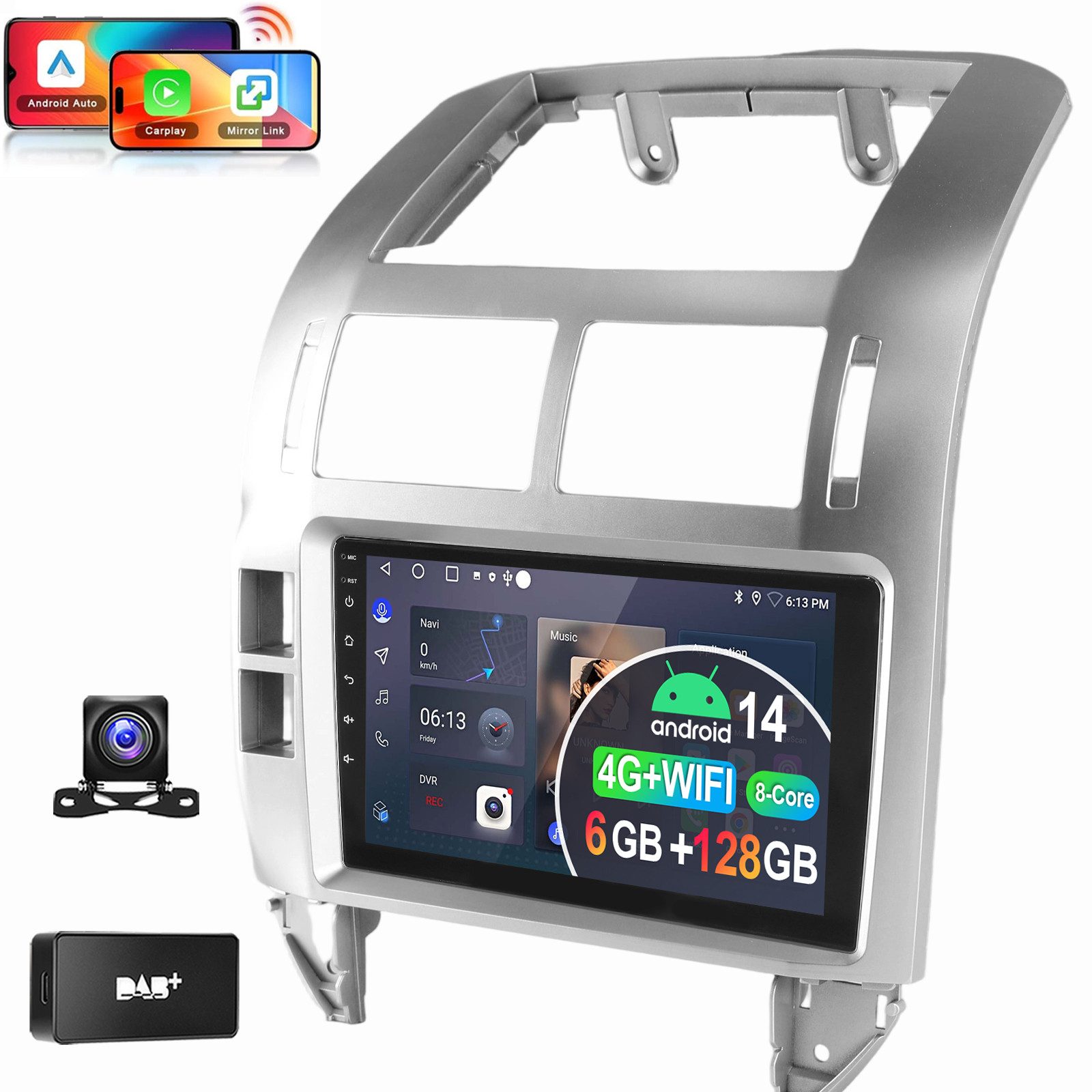 ESSGOO 8-Kern 6+128GB Für VW Polo 9N 2001-2009-Schwarz Silber Autoradio (RDS, Digitalradio (DAB), FM, AM, 4G LTE Carplay Android Auto BT EQ USB Navi WIFI)