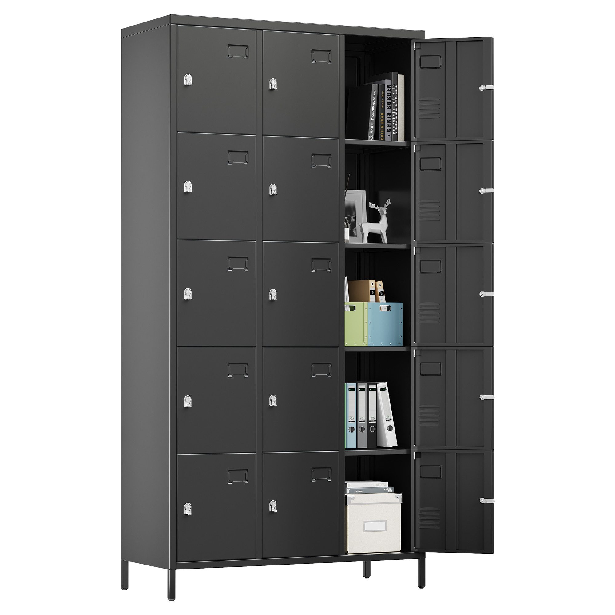 GarveeMore Garderobenschrank 15‑Fächer Metall‑Schließfachschrank 90x40x183cm schwarz (Set) robuster Aufbewahrungsschrank für Garage Keller Hauswirtschaftsraum