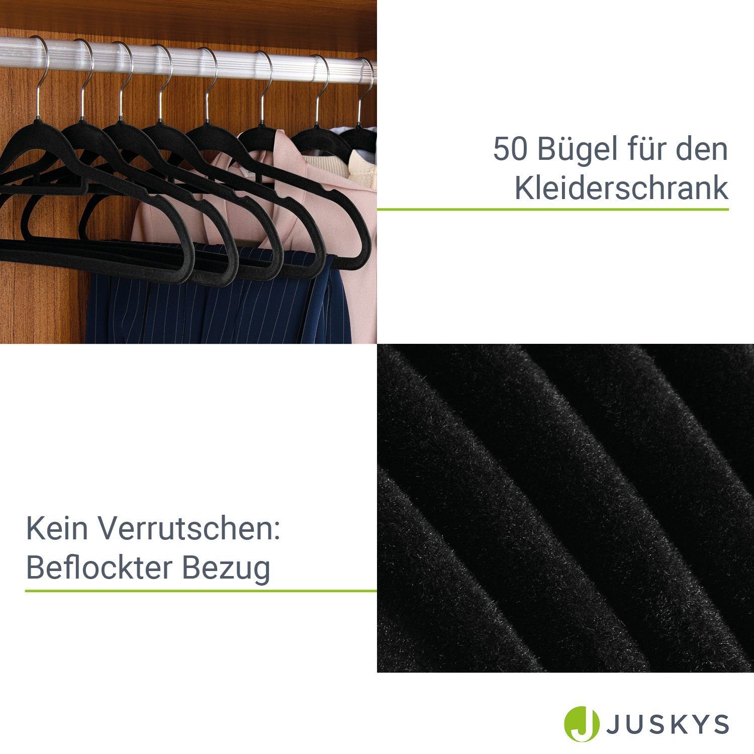 Juskys Kleiderbügel, drehbar Schwarz Kleiderhaken schmale Set, Samt rutschfest, Bügel, (50-tlg)