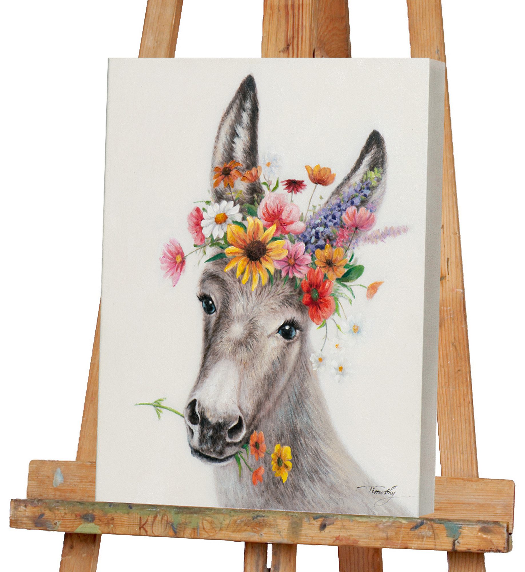 ArtUniverse Gemälde Leinwandbild Esel mit Blumen 40 x 50 cm, Tiermotiv