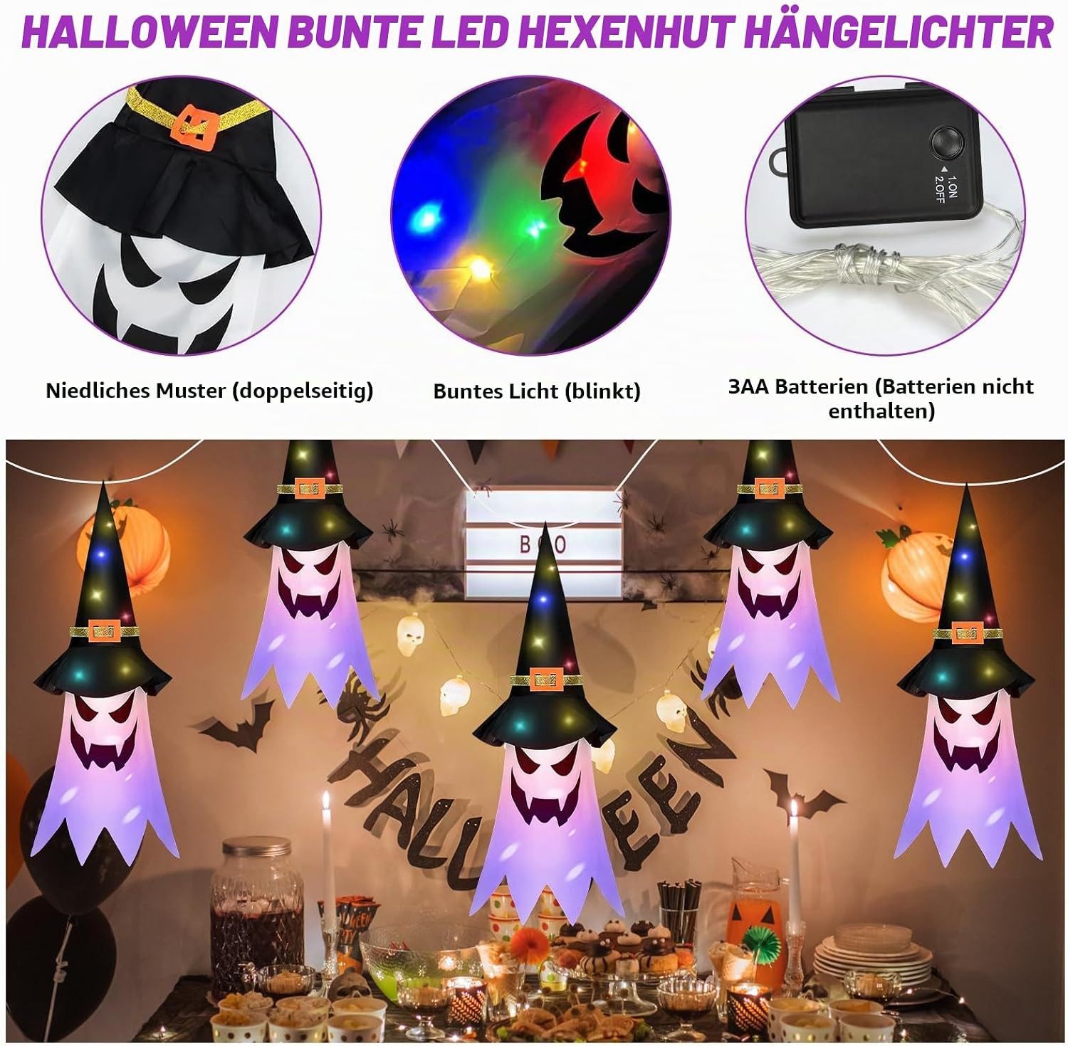 FELIXLEO LED-Dekofigur Halloween Deko Outdoor, 5 Hänge-Geisterhüte mit LED-Lichterkette (1 St) – Bild 3 von 5