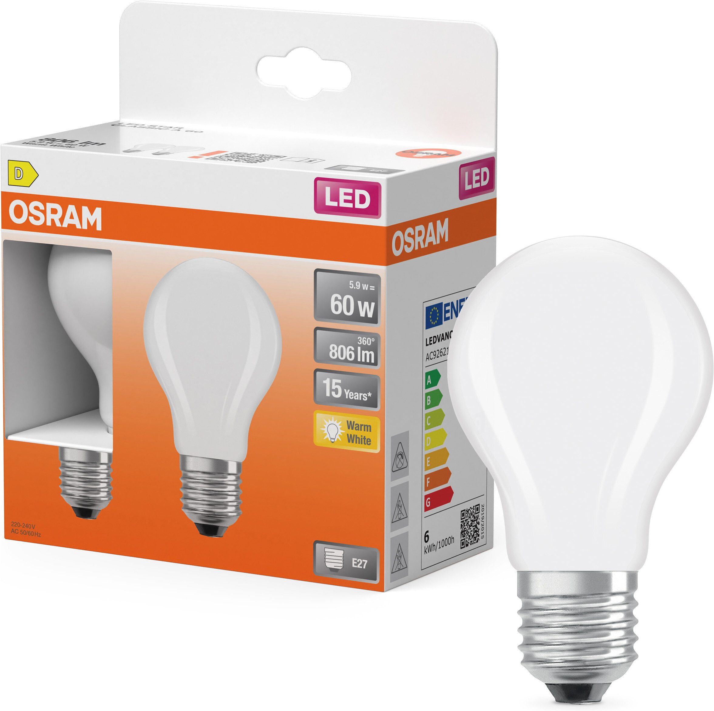 Osram LED-Leuchtmittel LED-Lampe Star Kolbenform A60, E27, 2 St., Warmweiß