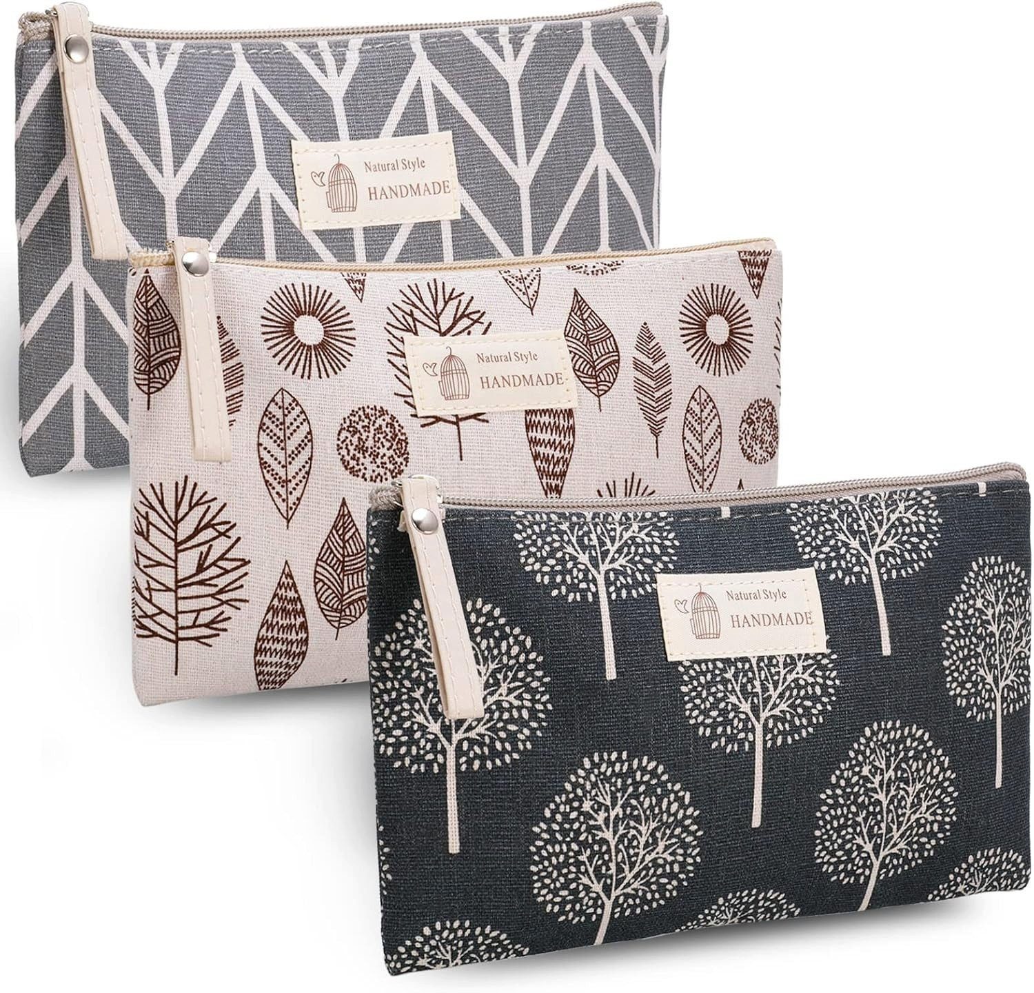 Zengi Kosmetiktasche (Set, 3-tlg., 22 × 14 cm, drei Naturmotive), Canvas außen, Satinfutter, Reißverschluss, Reise-Organizer