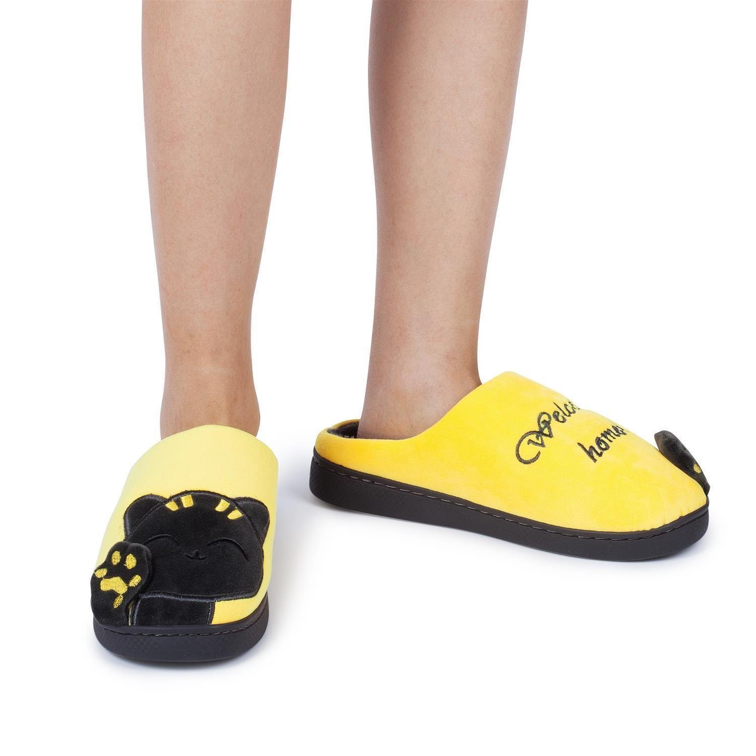 Katara Tier Pantoffeln Gr. 34-41 (Einhorn, Katze, Hase) Plüsch Hausschuhe Hausschuhe, weich, warm, süß, kuschelig, Plüsch Katze (Schwarz-Gelb)