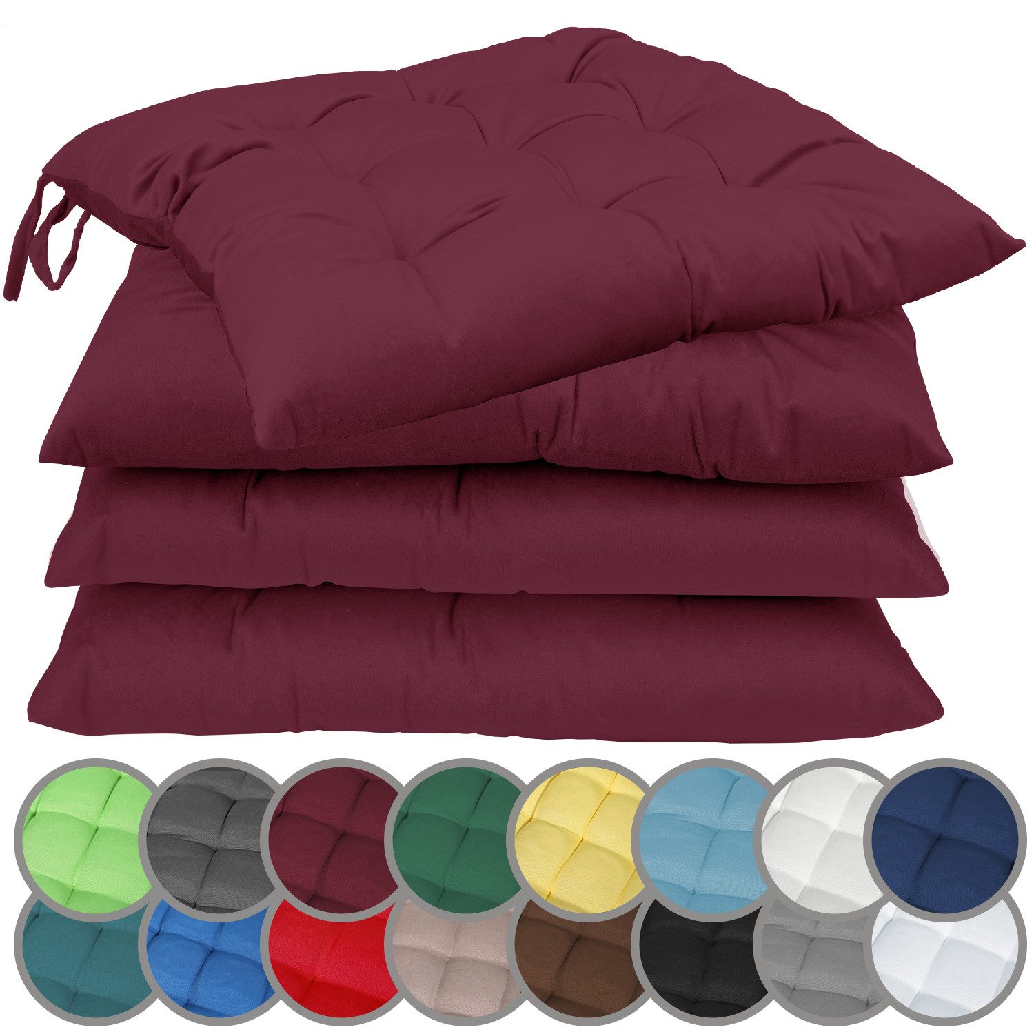 NatureMark Sitzkissen 4er-Set Stuhlkissen 40x40cm mit Bändern, Sitzpolster Kissen 4er Pack, schadstoffgeprüft, Bordeaux rot