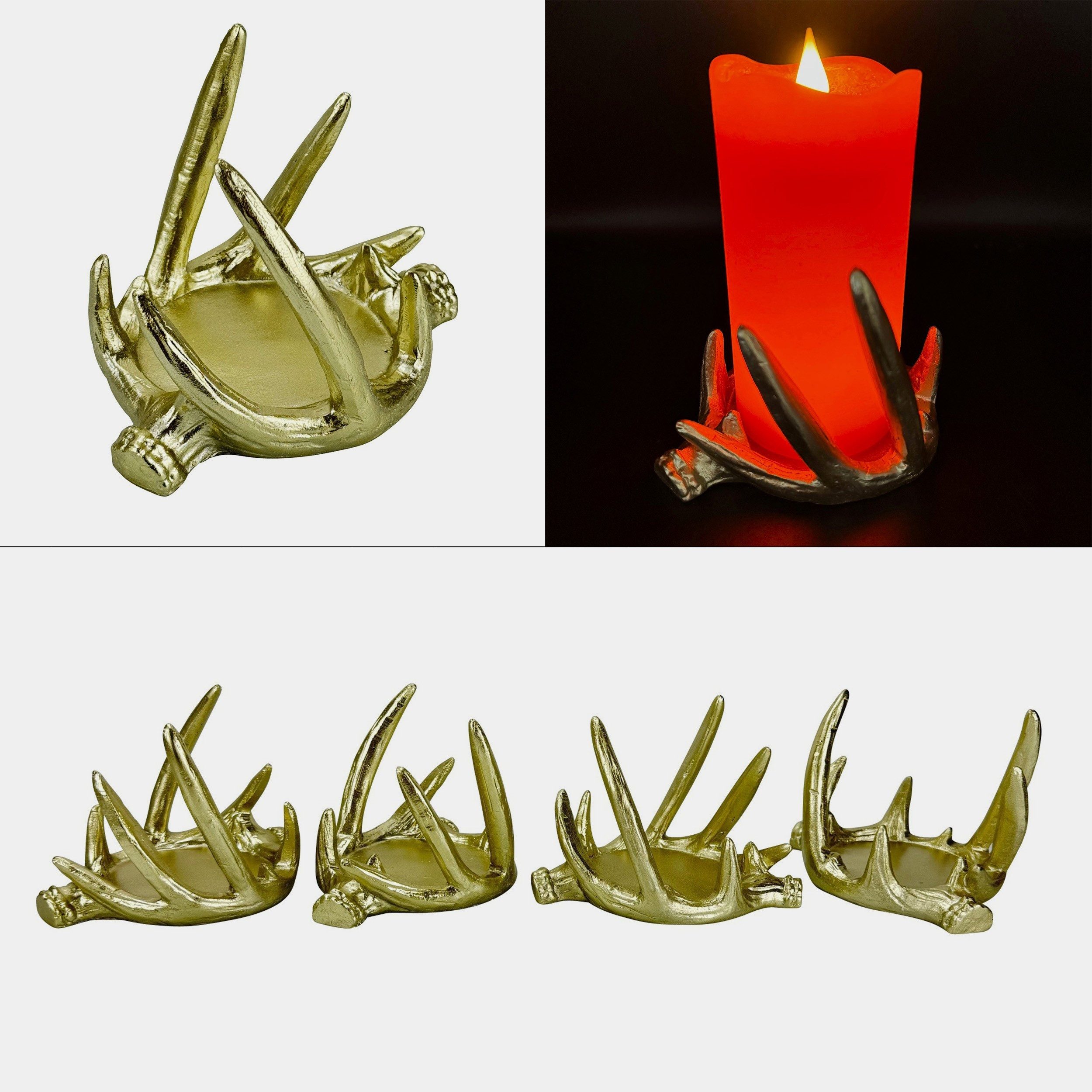 Online-Fuchs Kerzenhalter für Stumpenkerzen im Geweih-Design - 4er Set Kerzenständer (Weiß oder Gold, für Kerzen bis 7,5 cm Durchmesser), rustikaler Charme und natürliche Eleganz