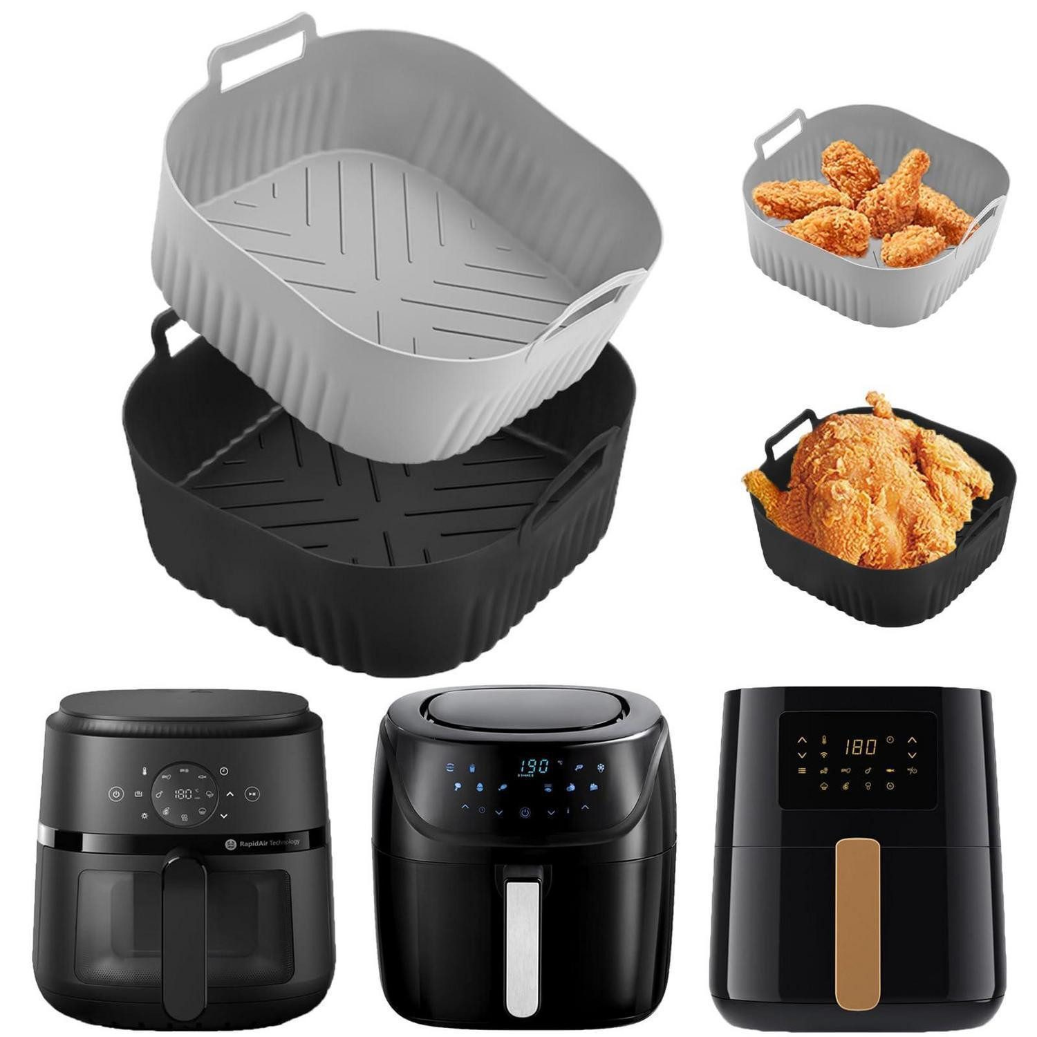 LuxusKollektion Frittiereinsatz Silikonform Airfryer Einsatz 2Stück 4L 4.1L für 4–5 L Grau und Schwarz