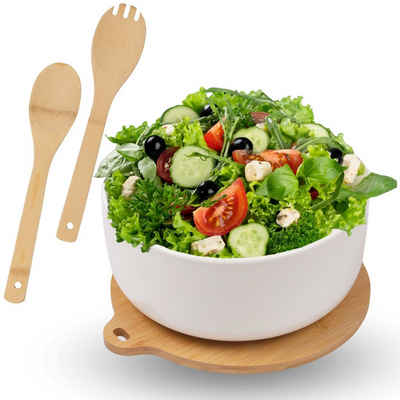 Sarcia.eu Salatschüssel Salatschüssel aus Porzellan mit Bambusboden + 2 Löffel ∅ 25cm