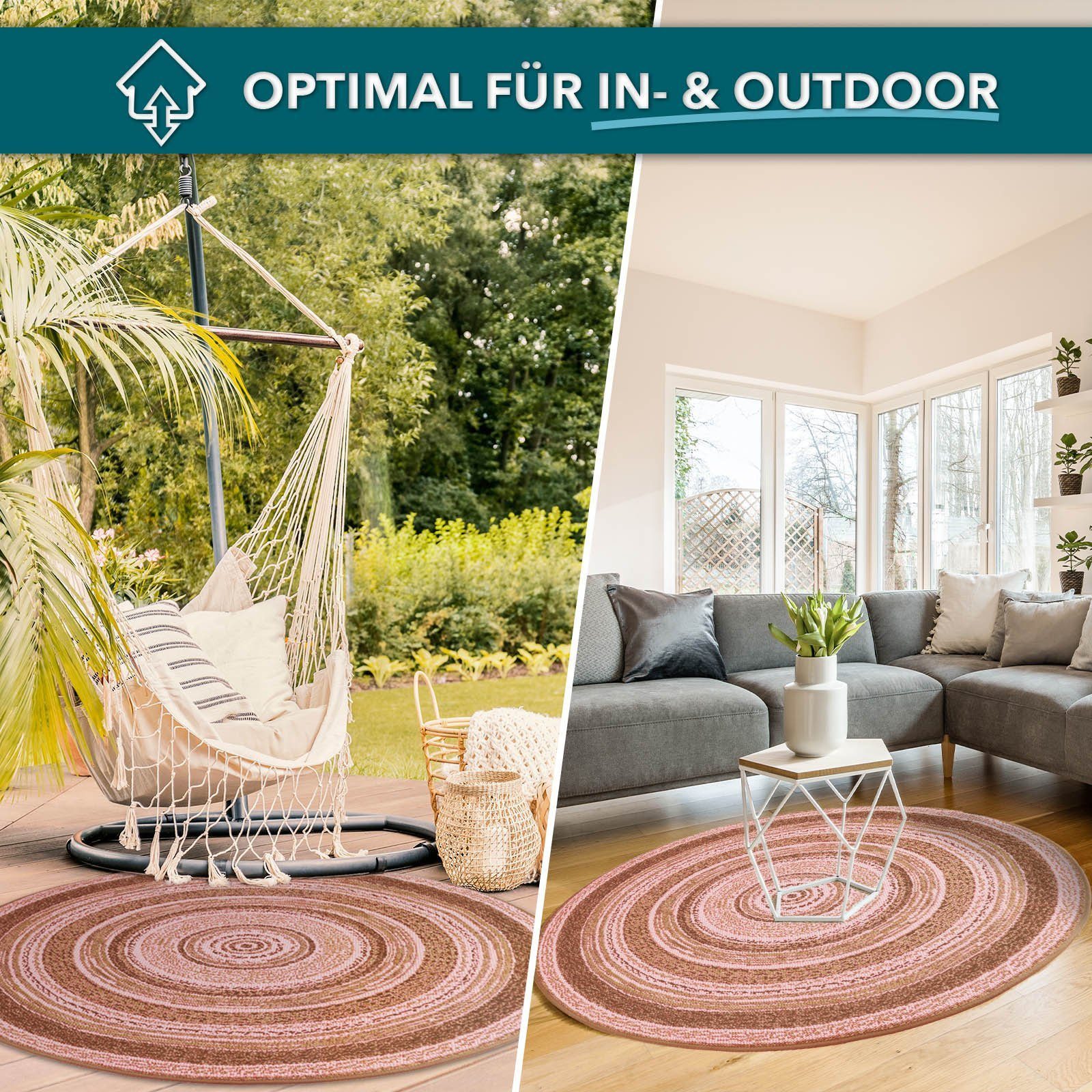Kubus Teppich Leyla, 4 Farben, In- & Outdoor geeignet, 100% Polypropylen, Rund, Höhe: 7 mm, pflegeleicht, Wohnzimmer