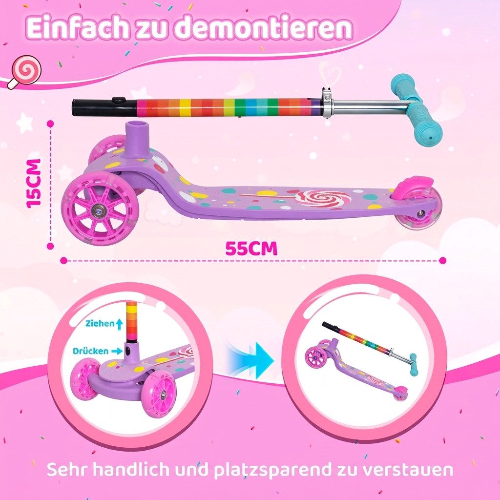 Nattork Scooter dreirädriger Kinderroller ab 3–6 Jahren mit blinkenden LED-Rädern, (1 tlg), Höhenverstellbarer Kinderscooter für Mädchen und Jungen – Bild 2 von 5