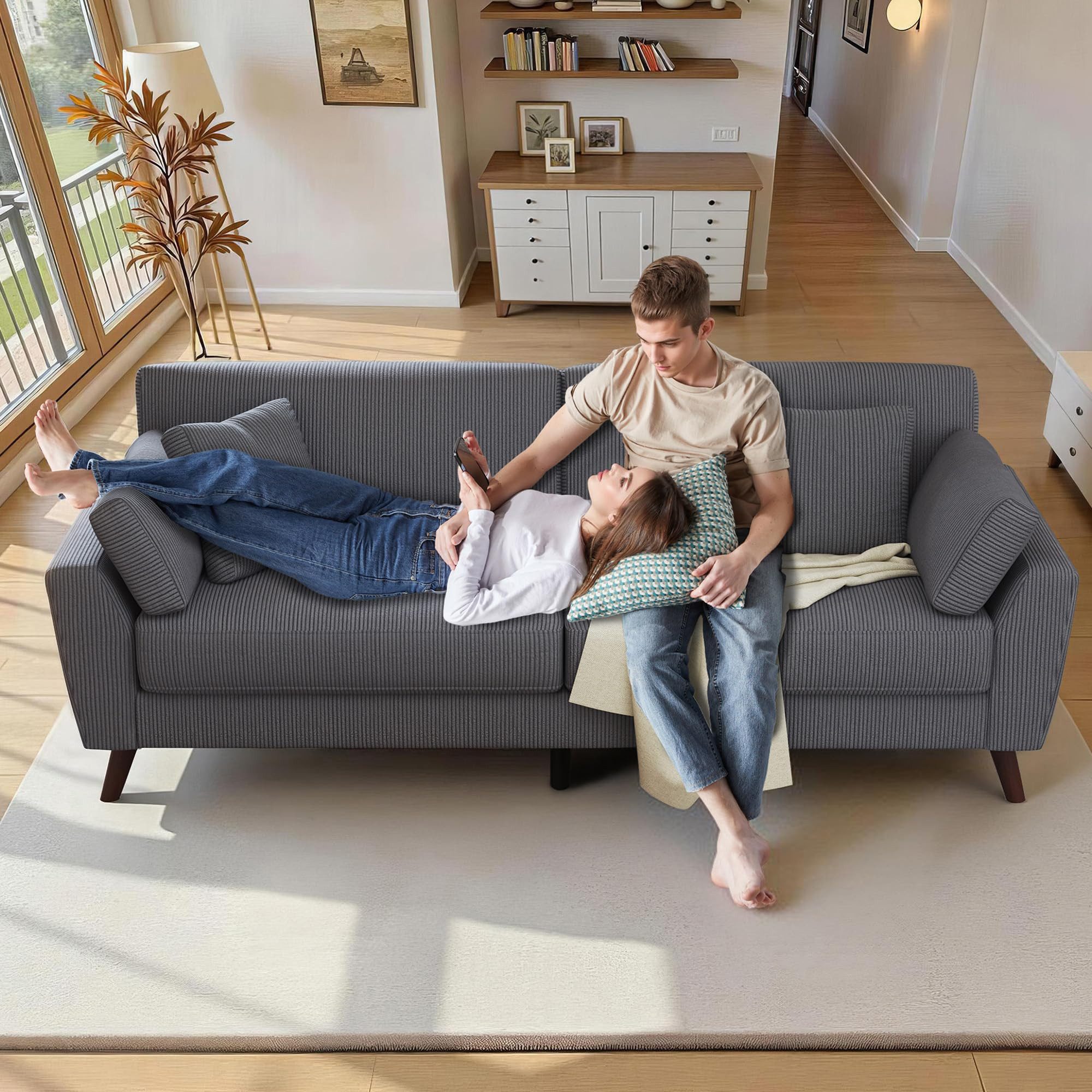 AMERLIFE Big-Sofa 220 cm 2-Sitzer Cord Sofa in Grau, modernes Wohnzimmer Sofa, 1 Teile, 19 cm Beine, Belastbar bis 450 kg – Bild 4 von 5