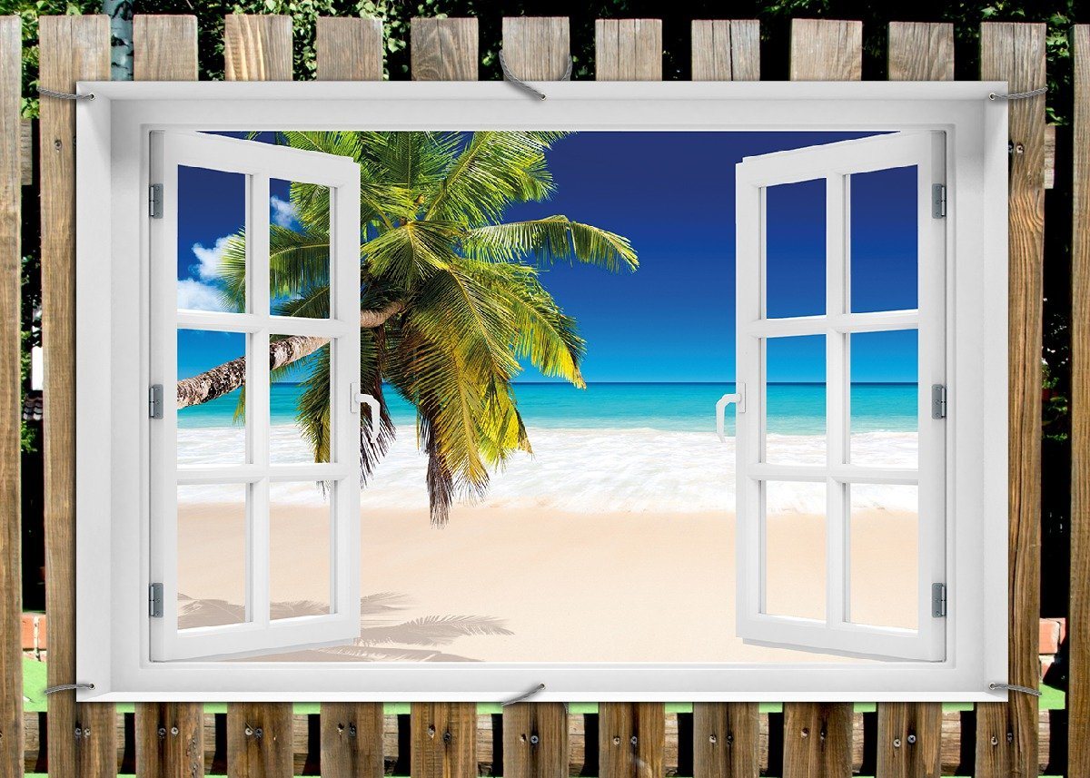 Thumbnail - Wallario Sichtschutzzaunmatten Südseestrand in der Karibik mit Palme, mit Fenster-Illusion