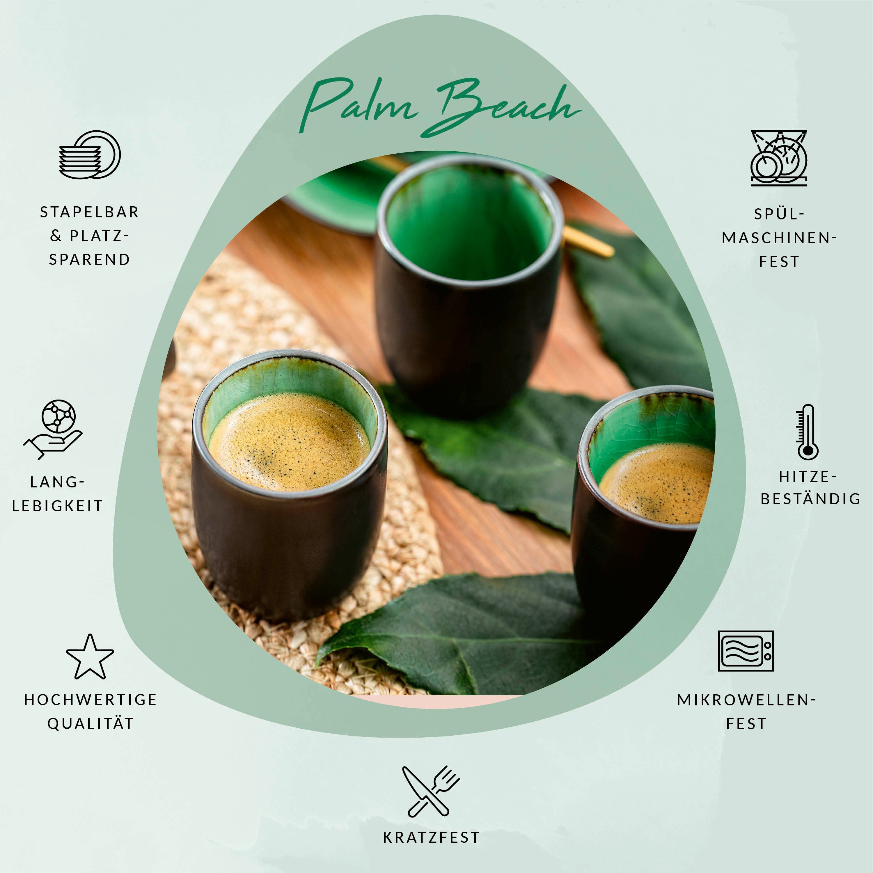 SÄNGER Becher Palm Beach Espressobecher Set Grün Schwarz, 4-tlg., Steingut, 70 ml, Handmade, Premium Collection