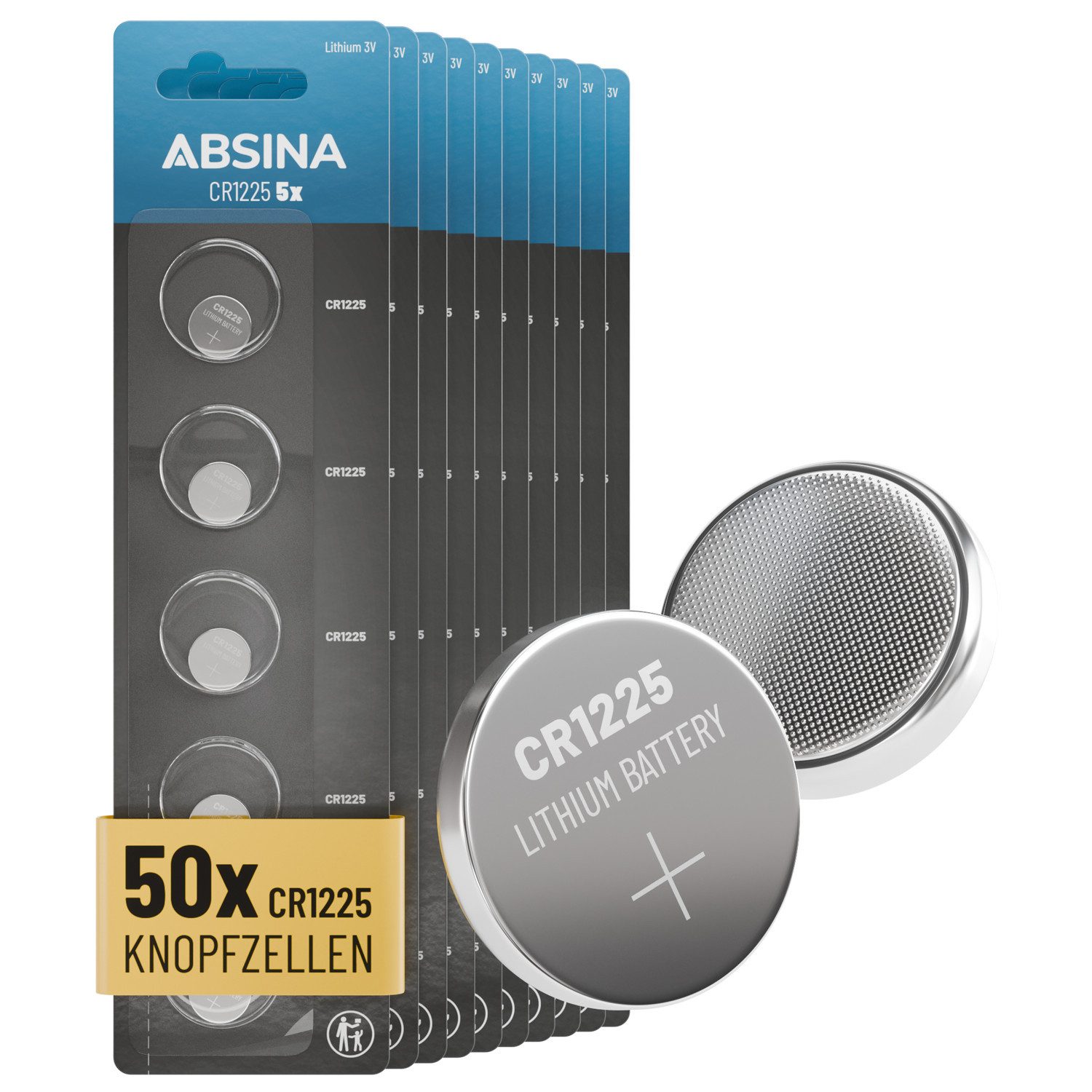 ABSINA 50x CR1225 Knopfzelle 3V Lithium - CR 1225, Lithium CR1225 Knopfzelle, (50 St)