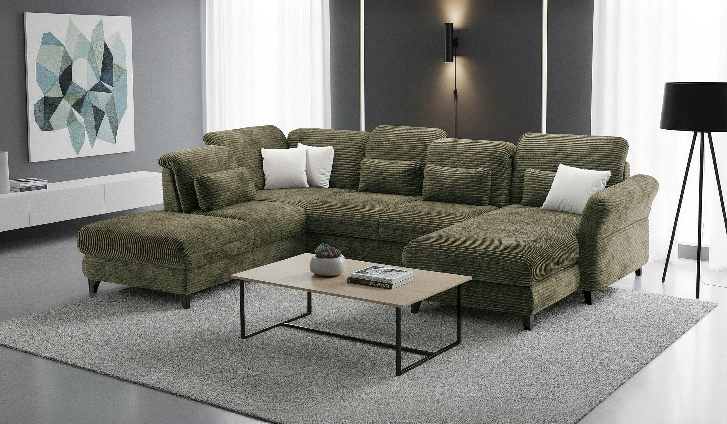 Hygger Möbelhaus Wohnlandschaft Eva U-Form XXL mit Schlaffunktion & 2 Bettkästen, B × T₁/T₂: 350 × 190/250 cm, Taschenfederkern, Sitztiefen-, Kopfstützen- und Armlehnenverstellung