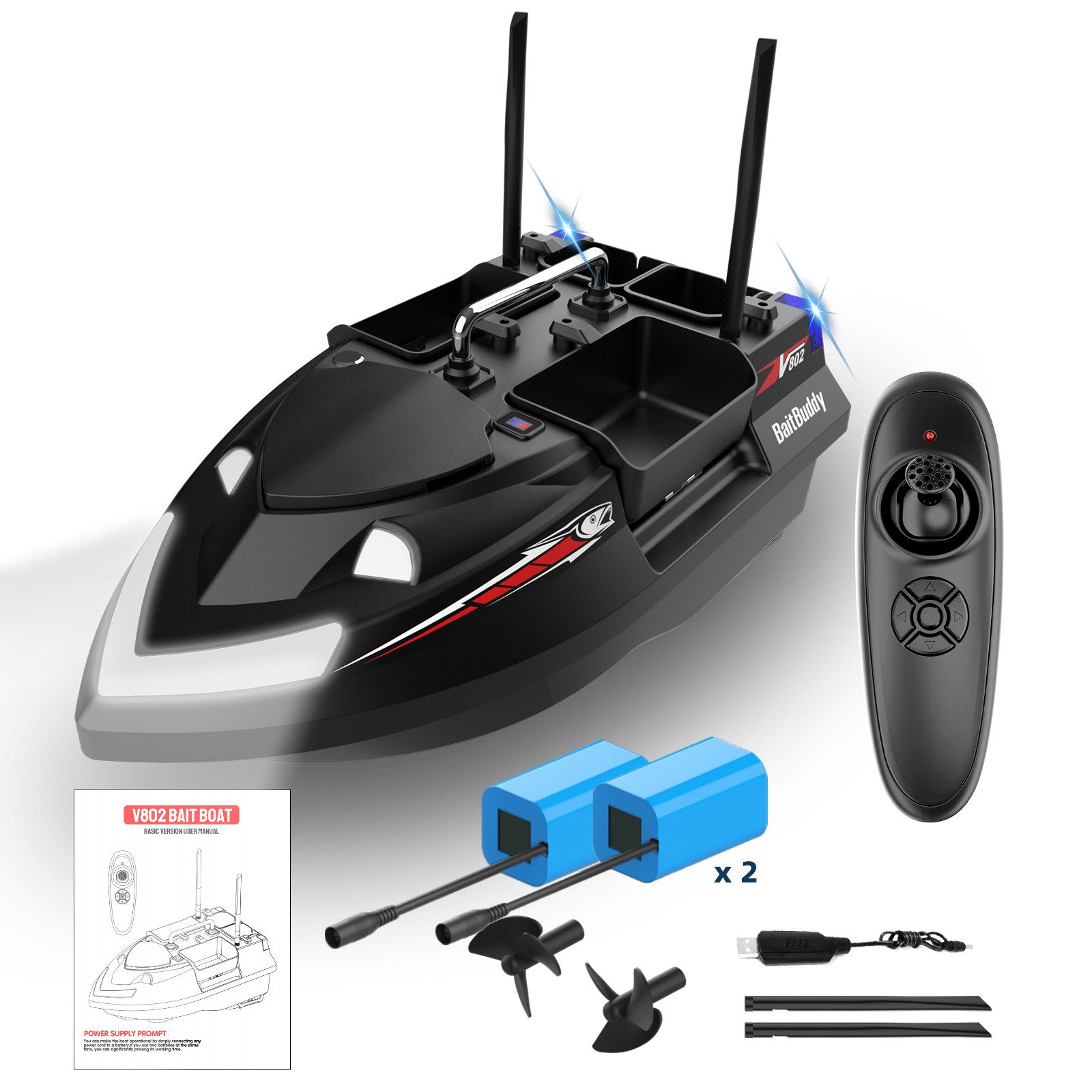 Tekoo RC-Boot Futterboot 3kg, 4 Kammern, Gyroskop & 500m Reichweite, inkl. 2 Akkus (Set, Komplettset mit 2 Akkus), Gyroskop-Stabilisierung, 3kg Ladekapazität, 500m Reichweite