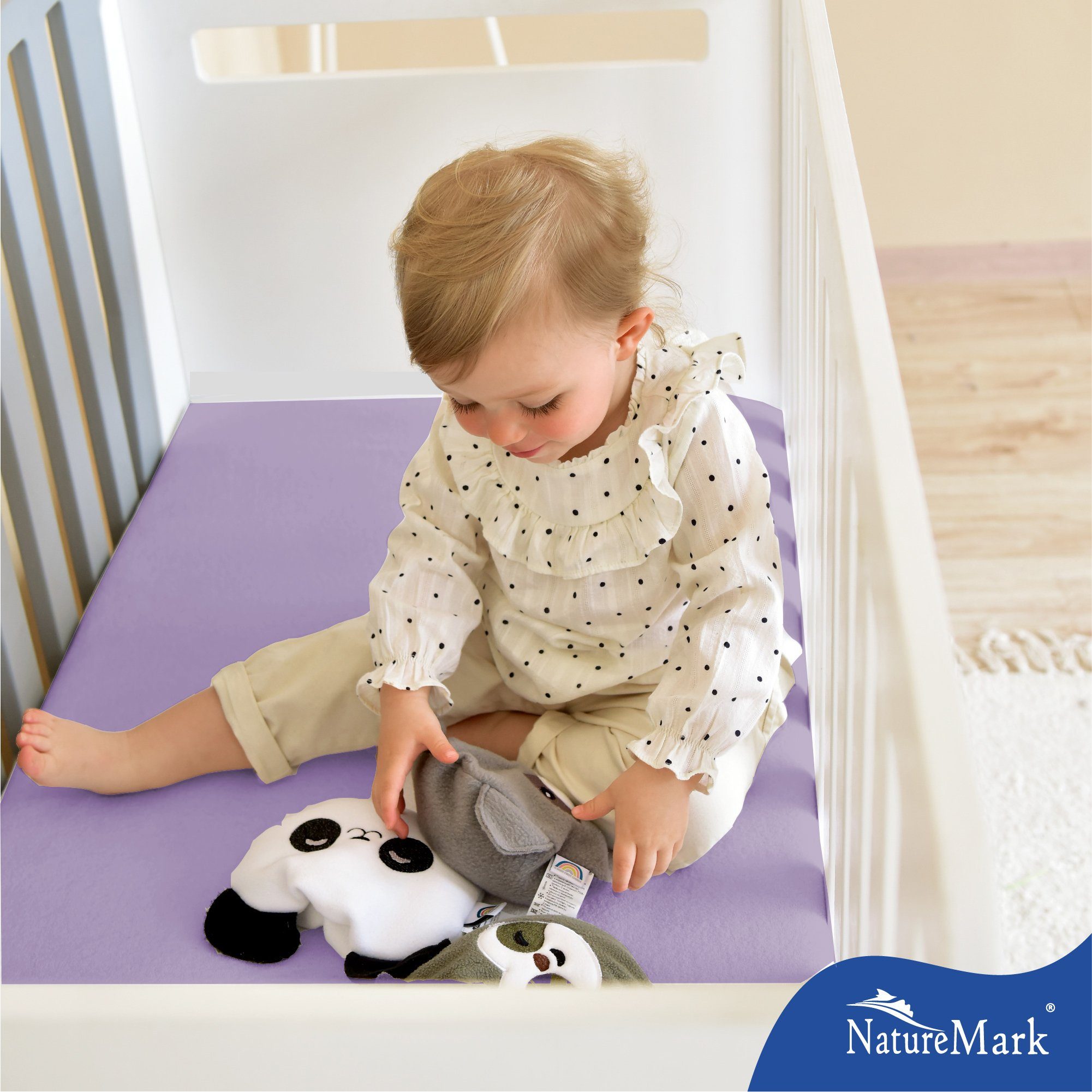 NatureMark Spannbettlaken Jersey Spannbetttuch, 100% Baumwolle, Gummizug: rundum, (2 Stück), Kinder Spannbetttuch, für Baby-/Kinderbett, 70x140 cm, Flieder – Bild 4 von 4