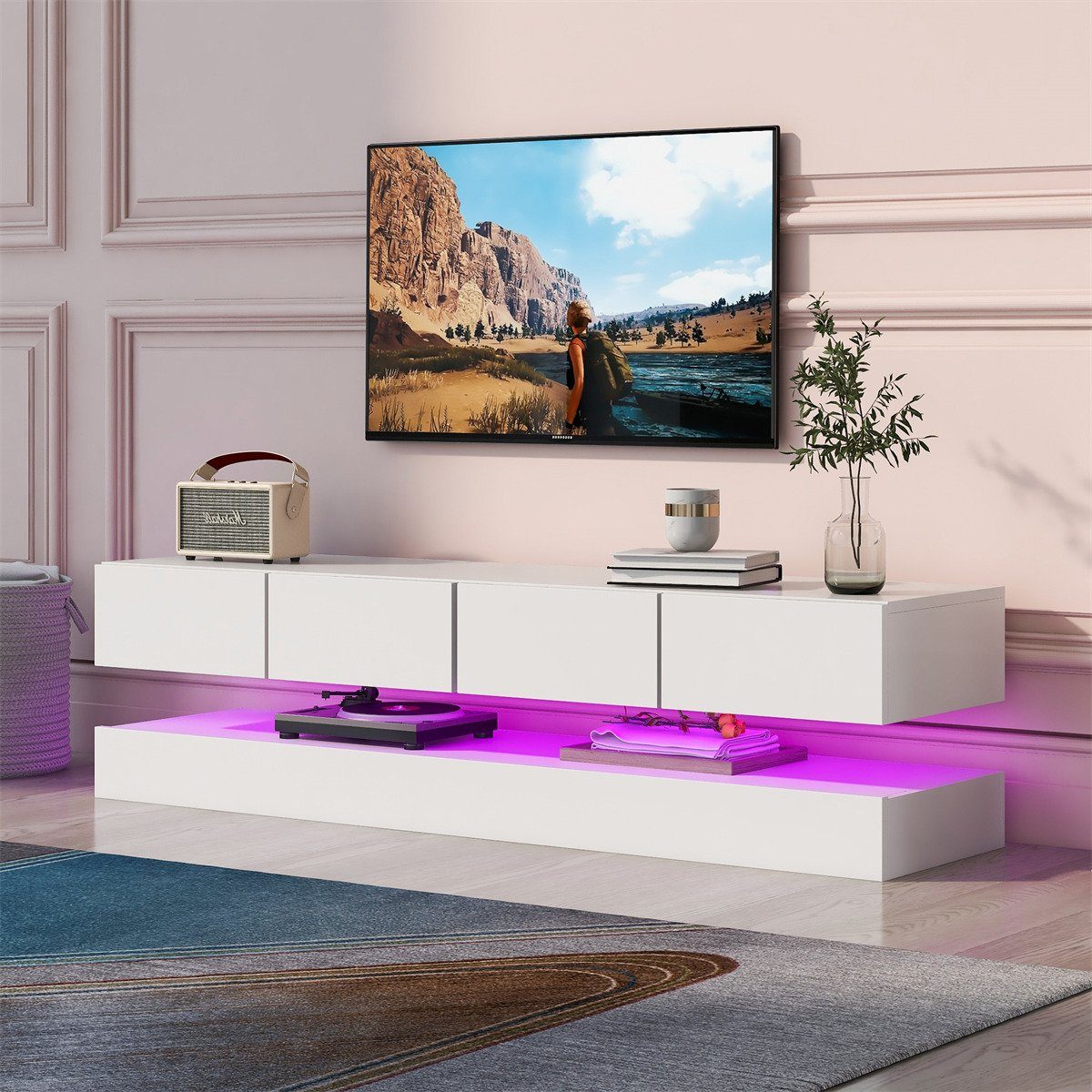 XDeer TV-Schrank LED TV Lowboard,Wandmontierter TV-Schrank,TV-Ständer,TV- Möbel mit 2 Schränken und 4 Schubladen,16-farbige LED-Beleuchtung