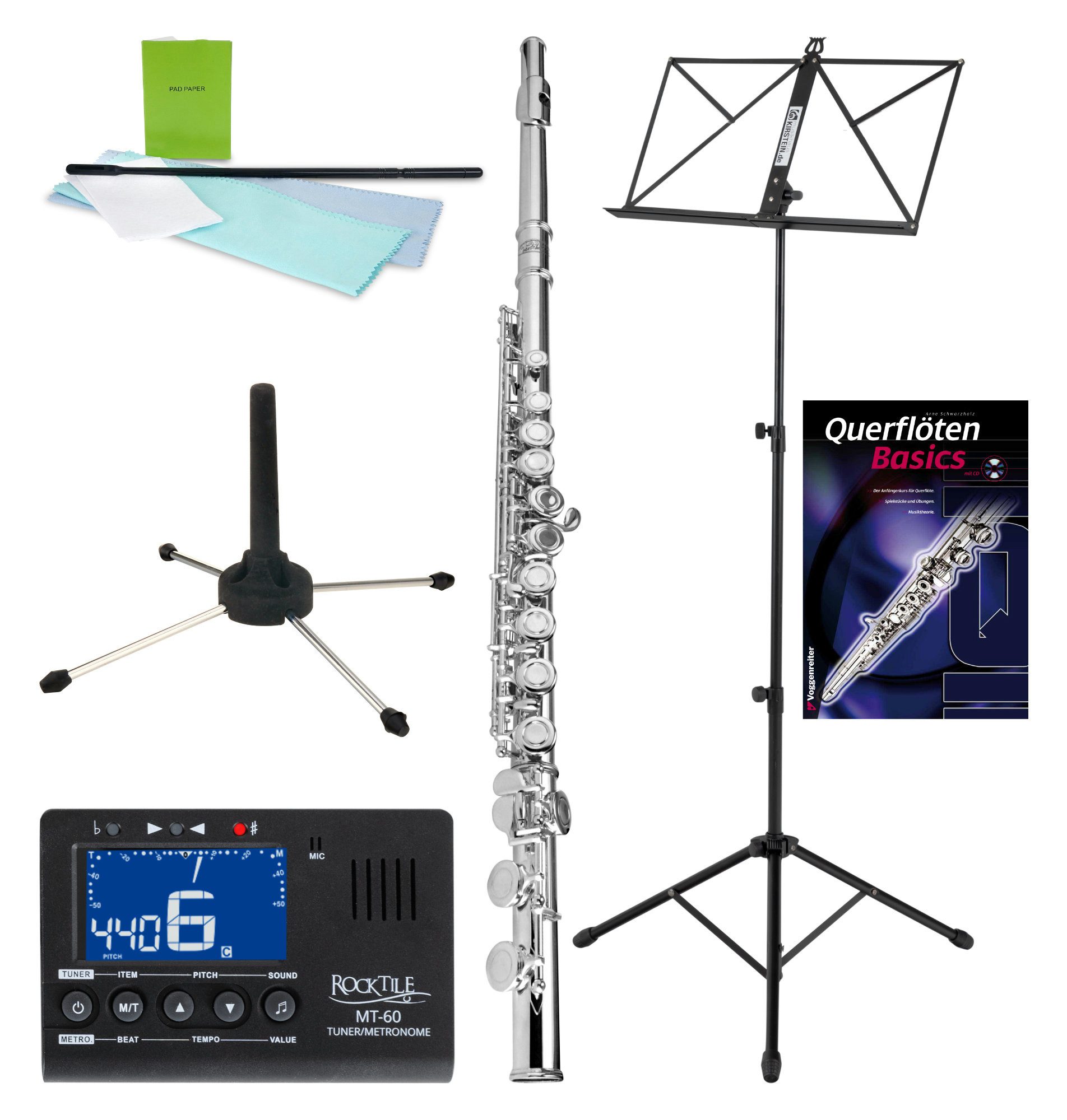 Classic Cantabile Querflöte FL-200 Querflöte komplett aus Neusilber C, inkl. Metronom, Notenständer und Флейтыständer