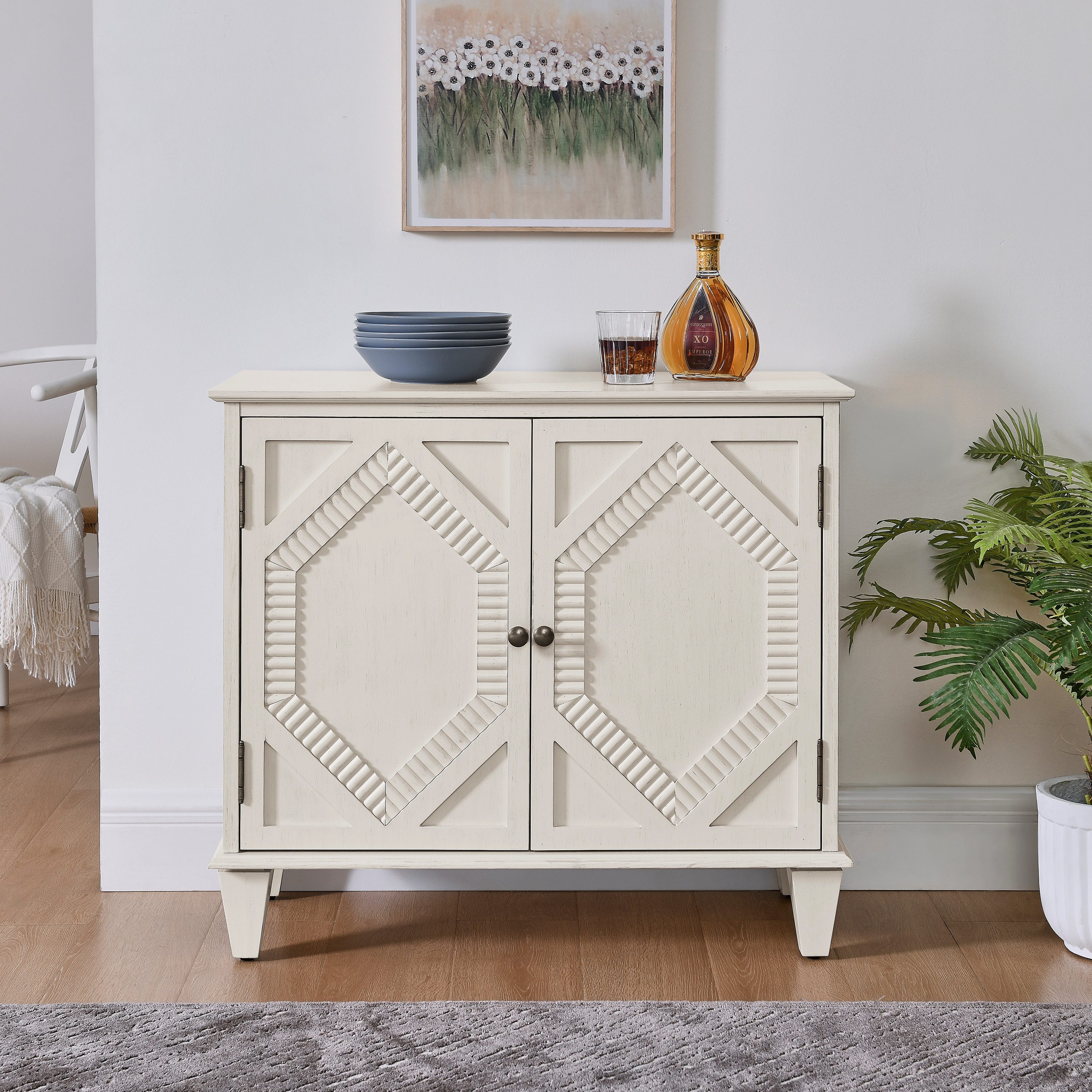 Celya Sideboard Vitrinen aus Holz mit Stauraum und verstellbaren Einlegeboden (mit geometrischen Akzenten und 2 Tür)