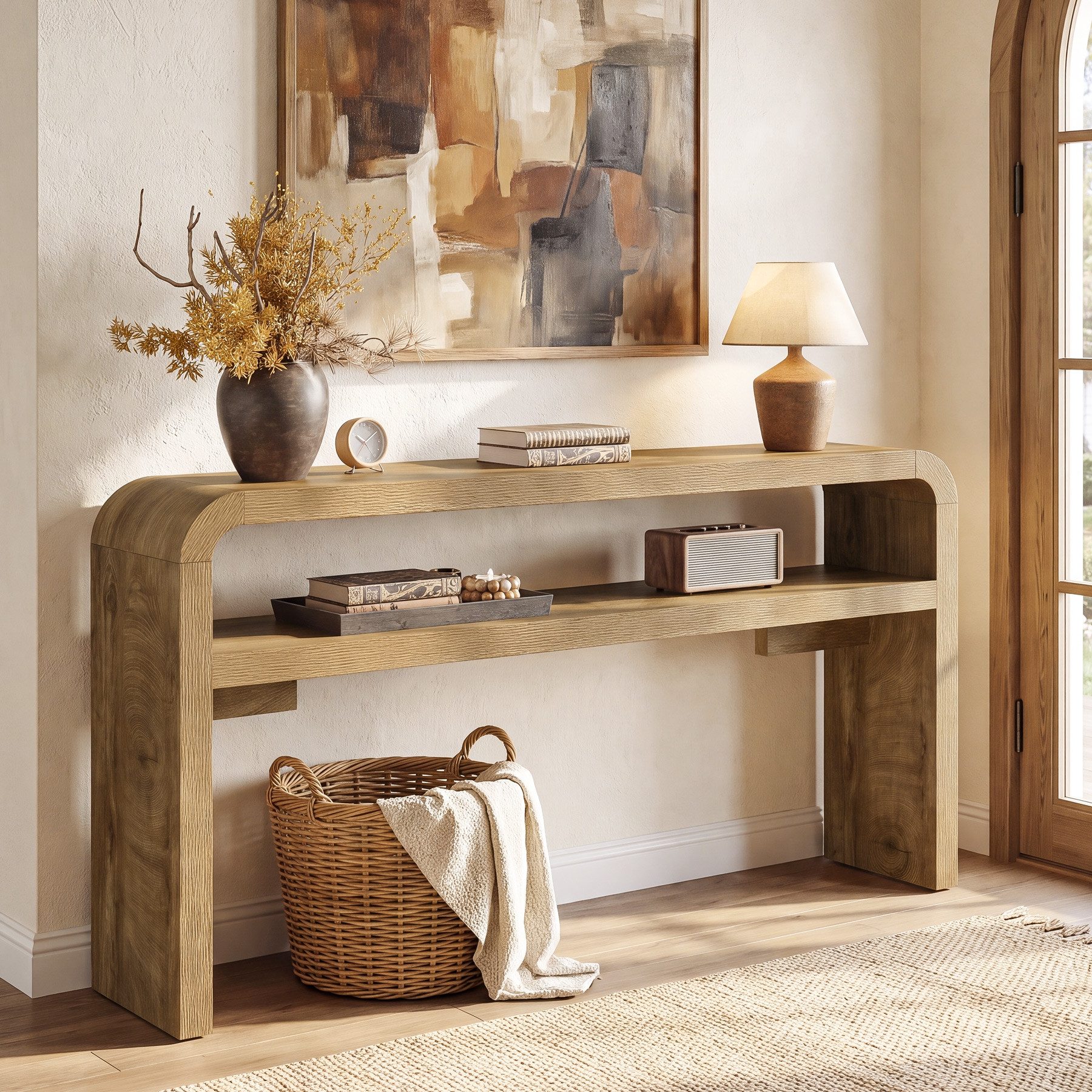 Tribesigns Konsolentisch 160cm Eingangstisch aus Massivholz, 2-stufiger Beistelltisch mit Regal