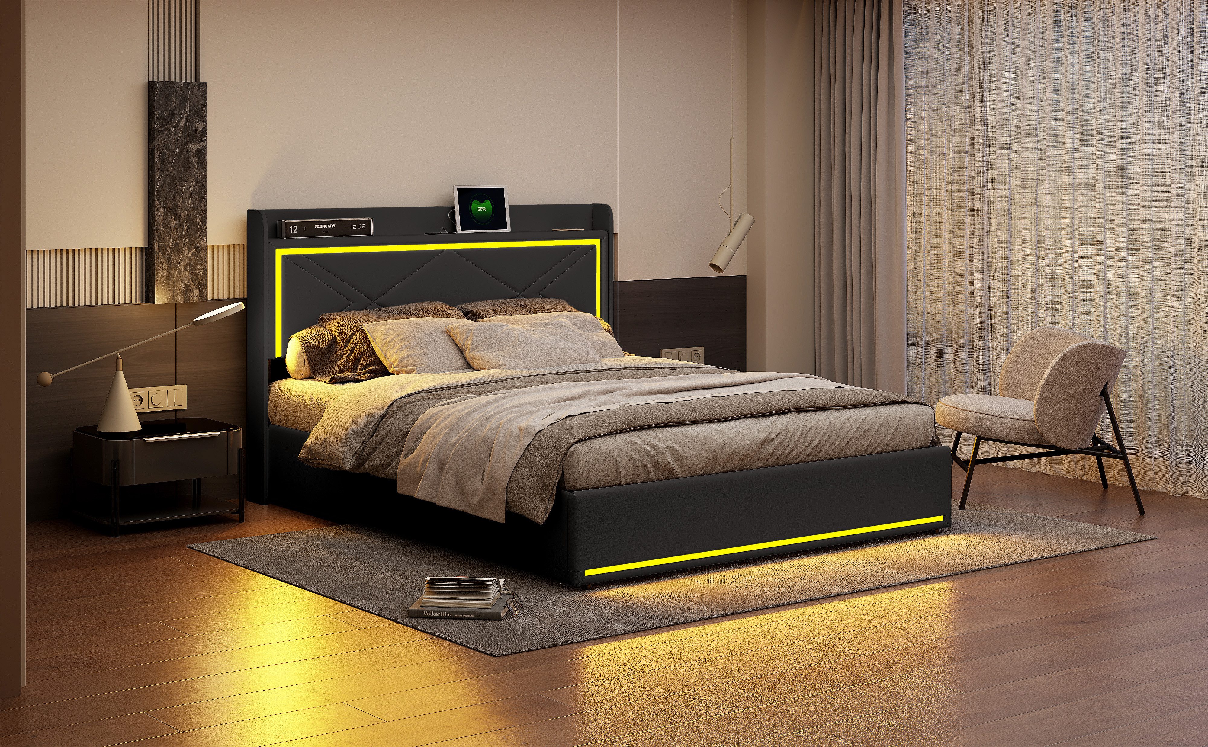 FUROKOY Polsterbett LED-Beleuchtung Kunstleder Hydraulisch Doppelbett günstig online kaufen
